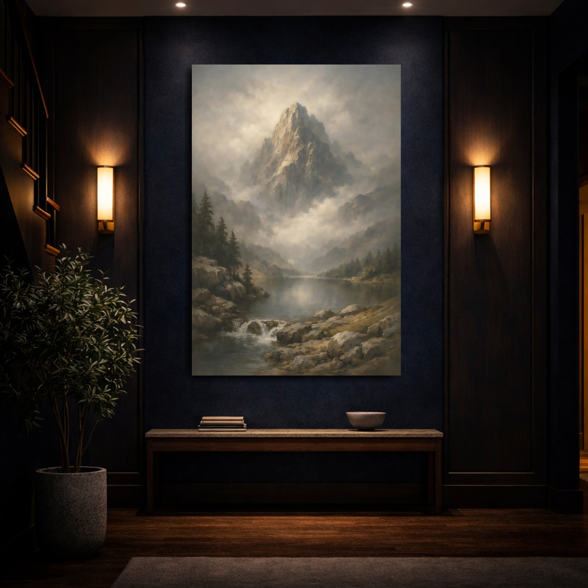 Mockup 3. Nature Mountain Lake Misty Mountain Lake shown as stretched canvas wall art