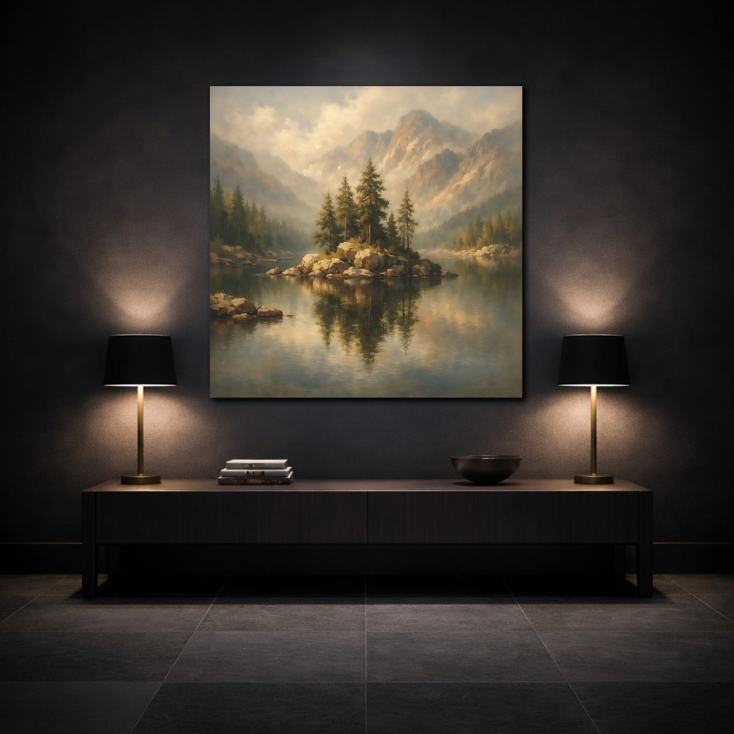 Mockup 3. Nature Mountain Lake Misty Mountain Lake shown as stretched canvas wall art