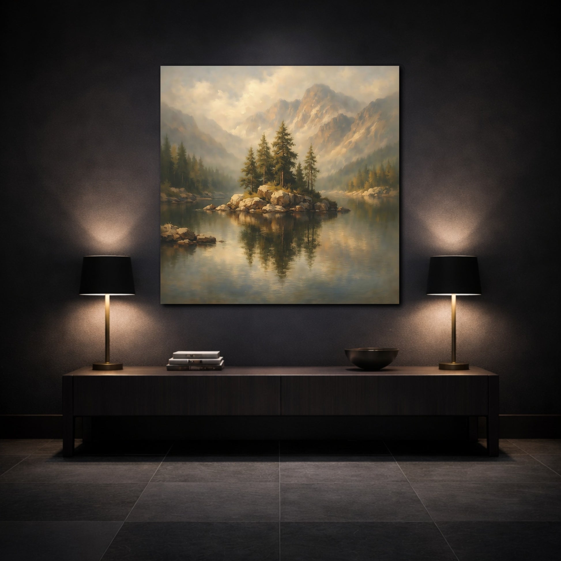 Mockup 3. Nature Mountain Lake Misty Mountain Lake shown as stretched canvas wall art