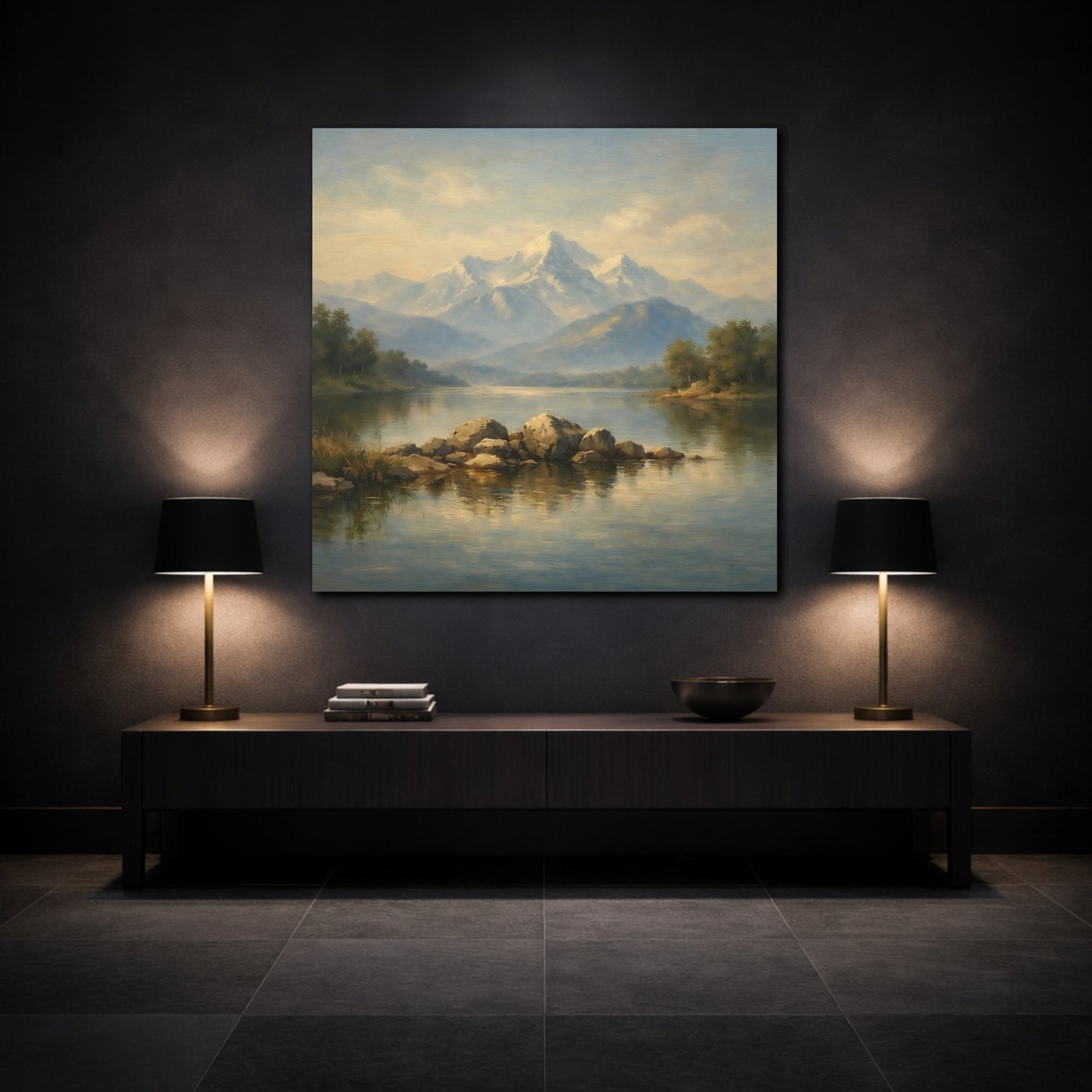 Mockup 3. Nature Mountain Lake Misty Mountain Lake shown as stretched canvas wall art