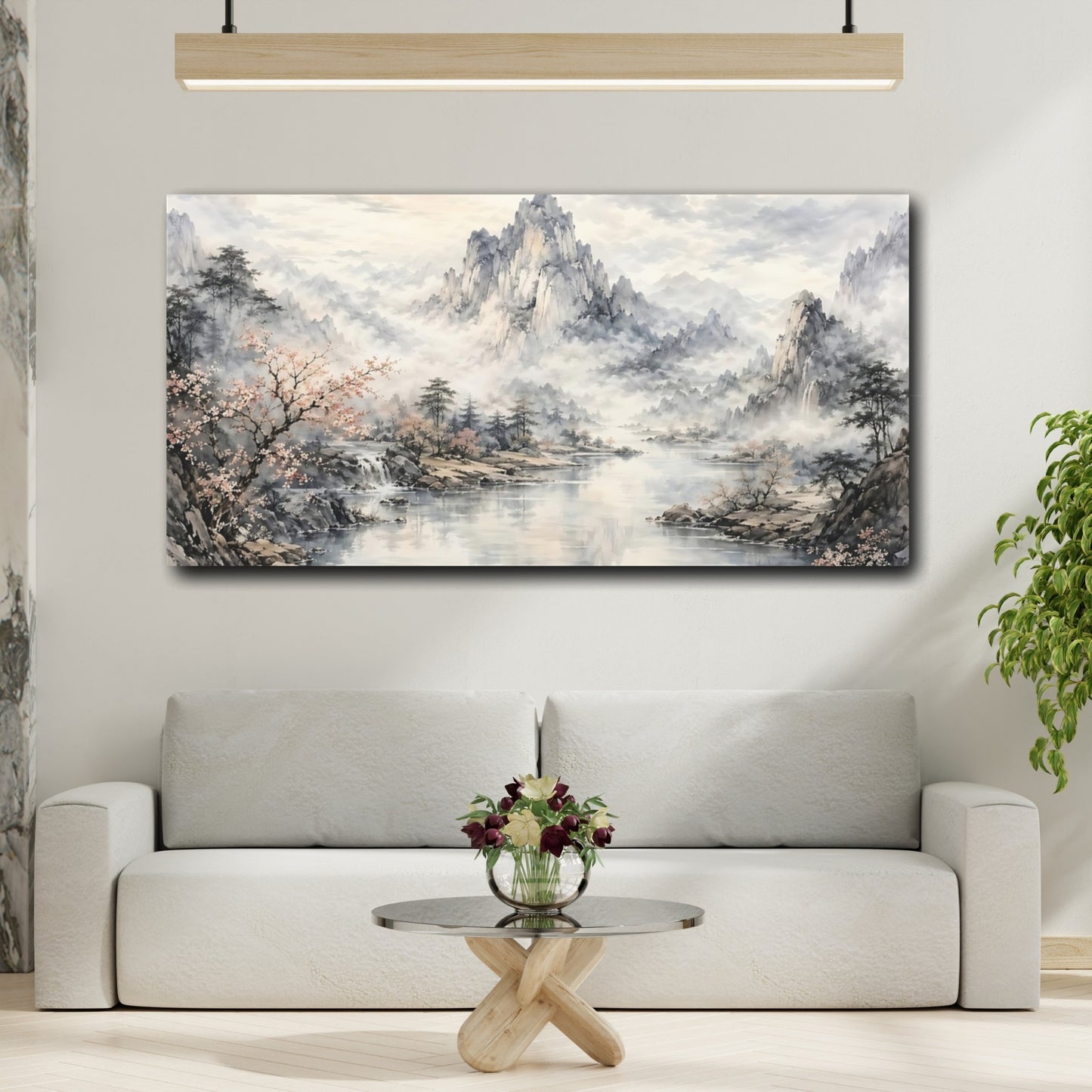 Mockup 3. Nature Mountain Lake Misty Mountain Lake shown as stretched canvas wall art