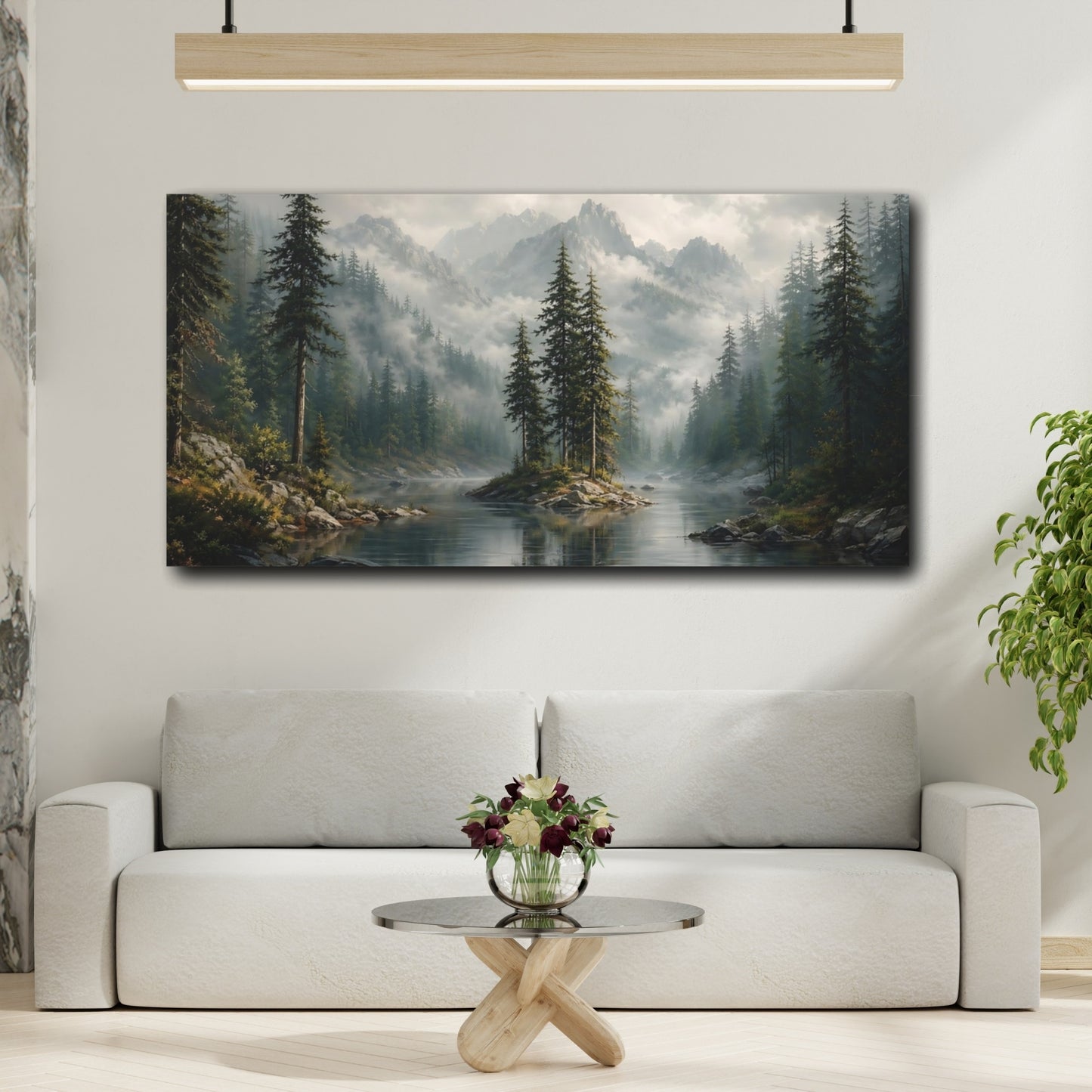 Mockup 3. Nature Mountain Lake Misty Mountain Lake shown as stretched canvas wall art