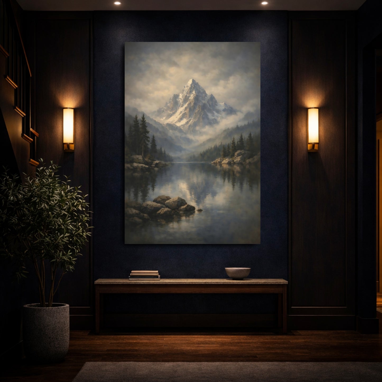 Mockup 3. Nature Mountain Lake Misty Mountain Lake shown as stretched canvas wall art