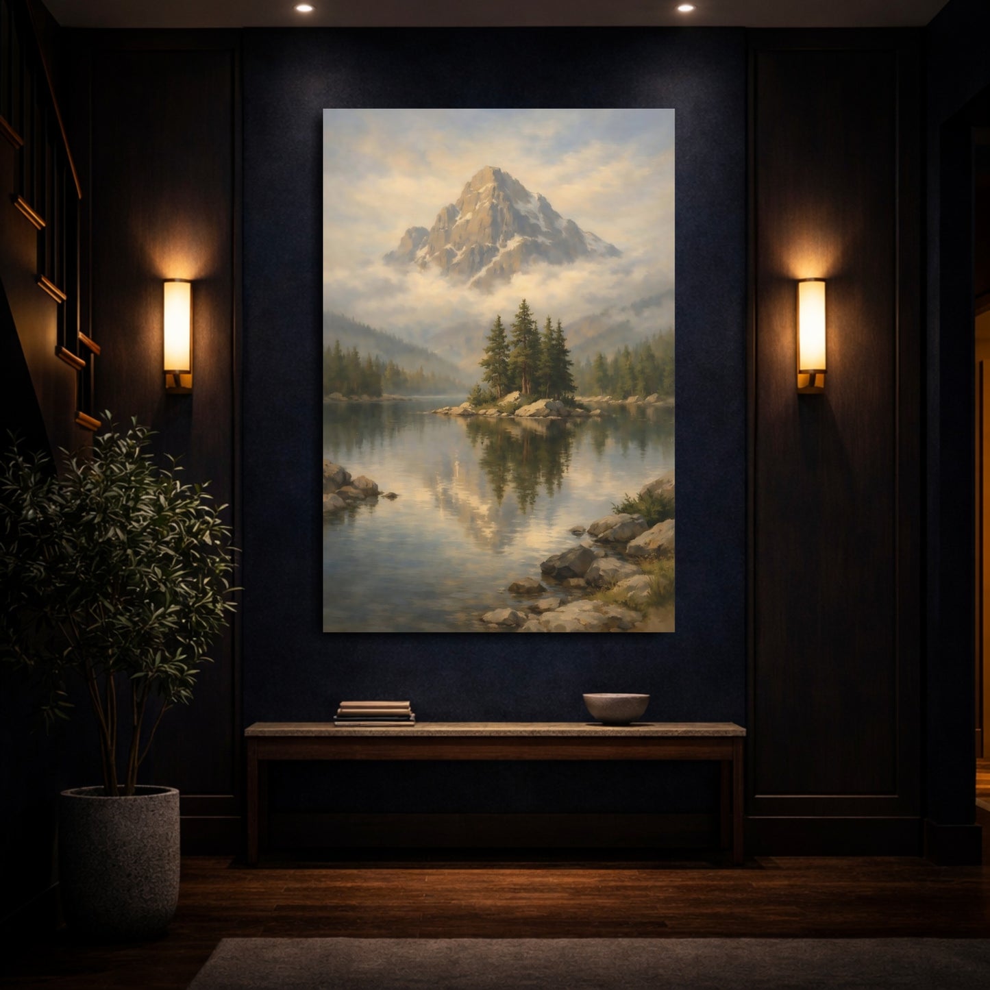 Mockup 3. Nature Mountain Lake Misty Mountain Lake shown as stretched canvas wall art