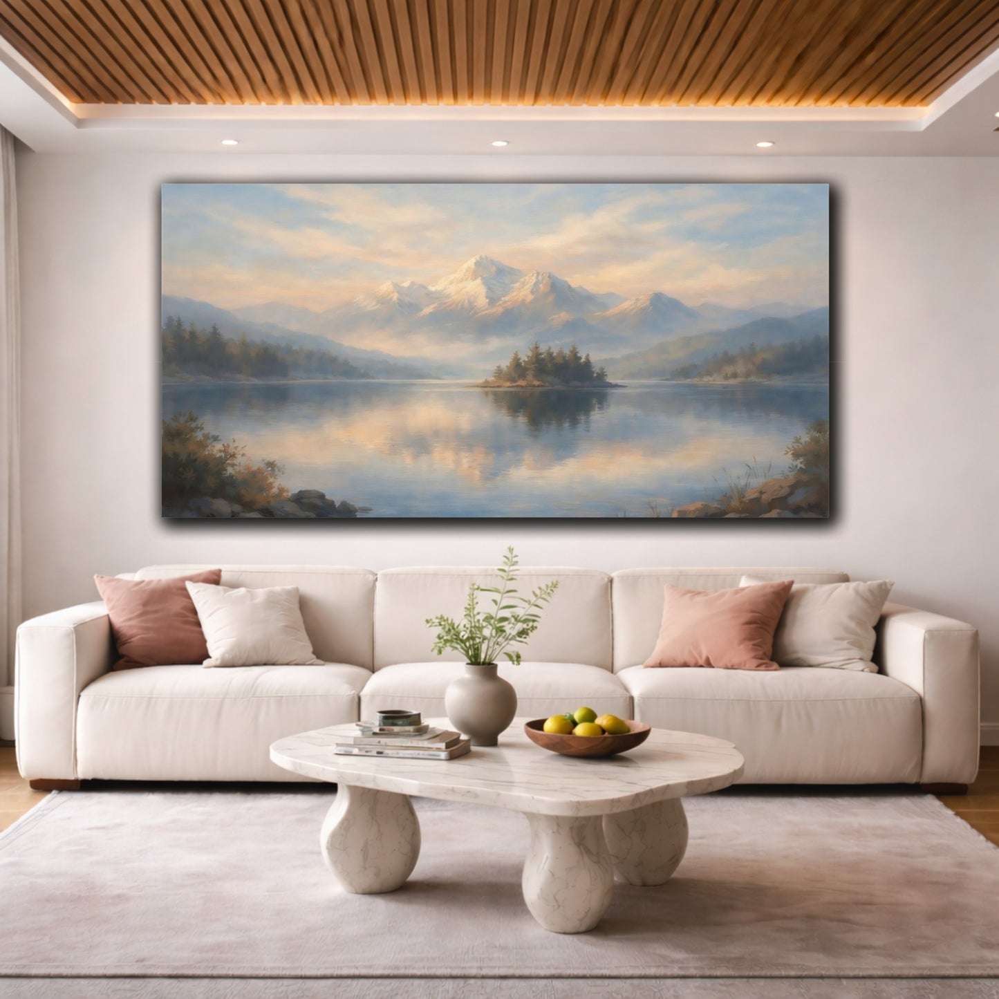Mockup 3. Nature Mountain Lake Misty Mountain Lake shown as stretched canvas wall art