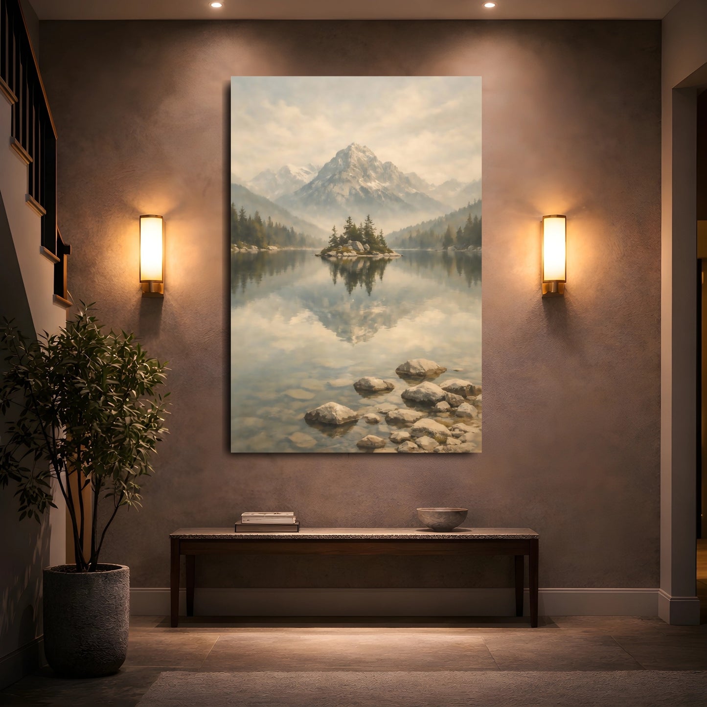 Nature Mountain Lake Misty Mountain Lake shown as front canvas room wall art