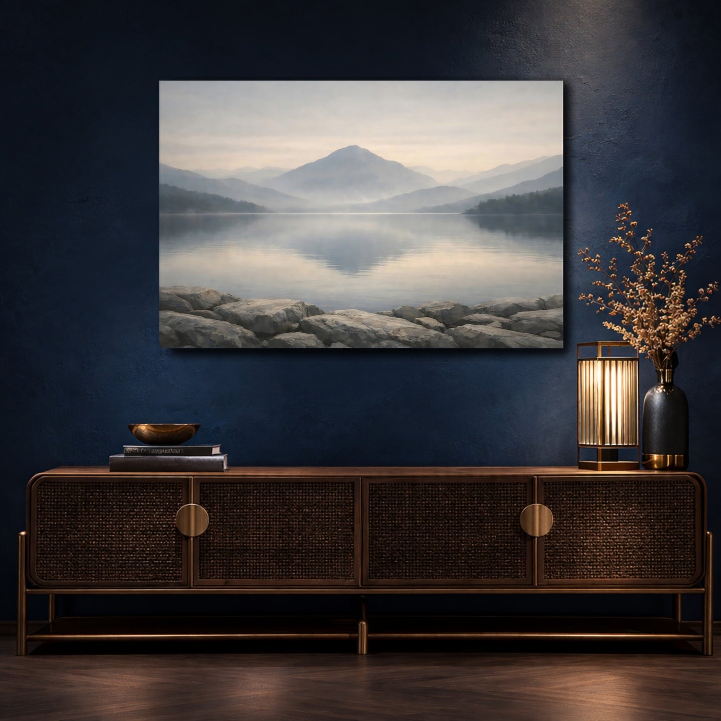 Mockup 4. Nature Mountain Lake Misty Mountain Lake shown as stretched canvas wall art