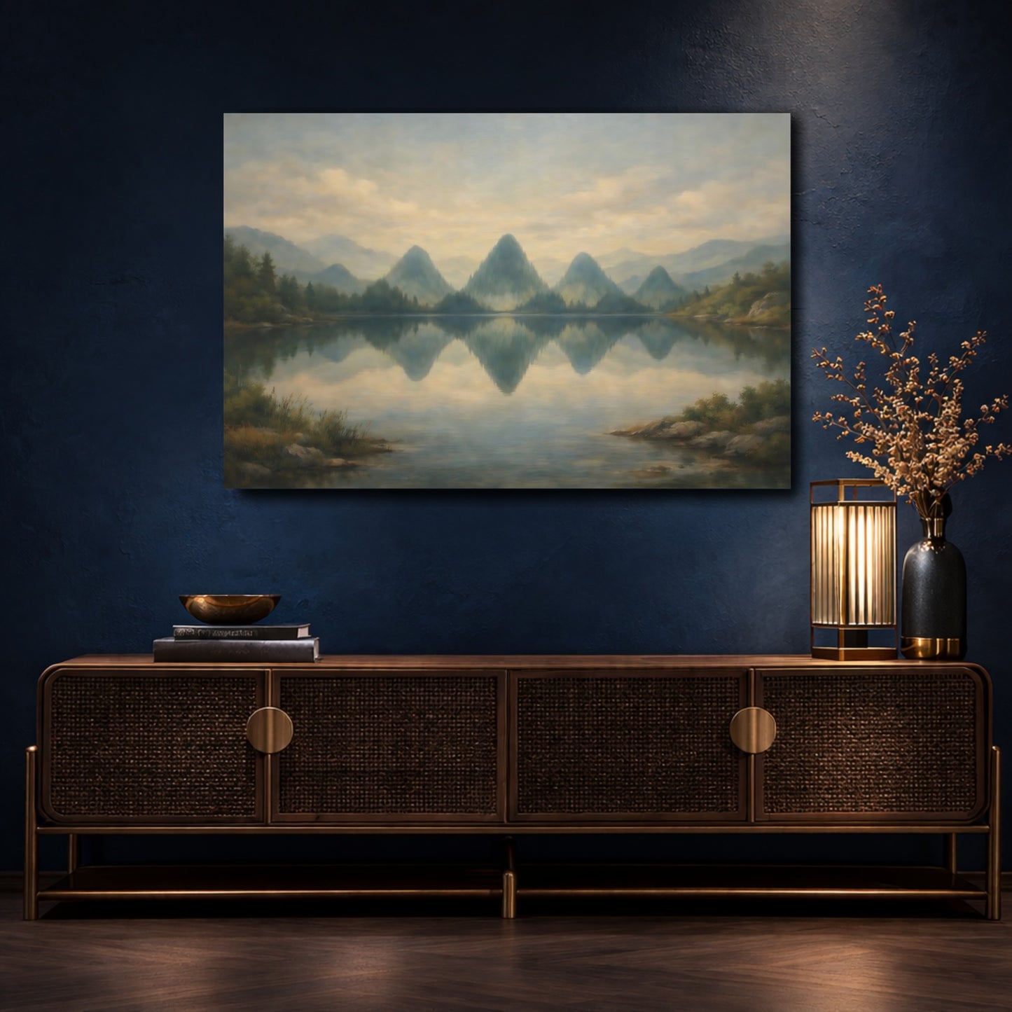 Mockup 4. Nature Mountain Lake Misty Mountain Lake shown as stretched canvas wall art