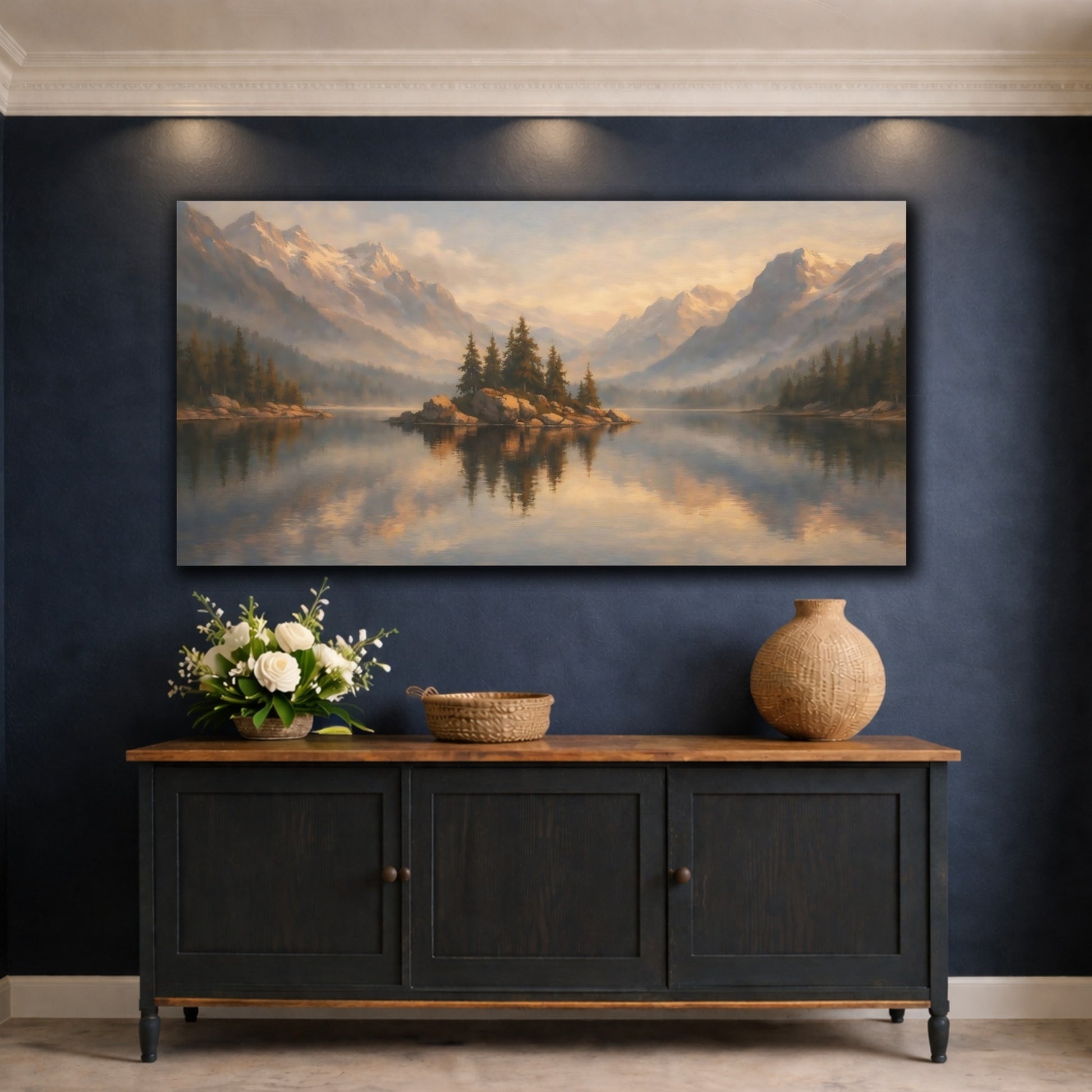 Mockup 4. Nature Mountain Lake Misty Mountain Lake shown as stretched canvas wall art
