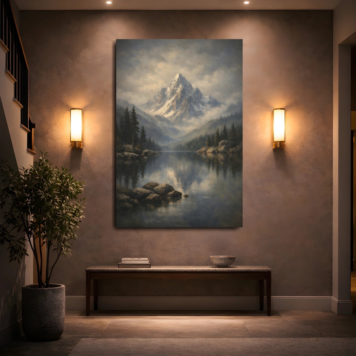 Mockup 4. Nature Mountain Lake Misty Mountain Lake shown as stretched canvas wall art
