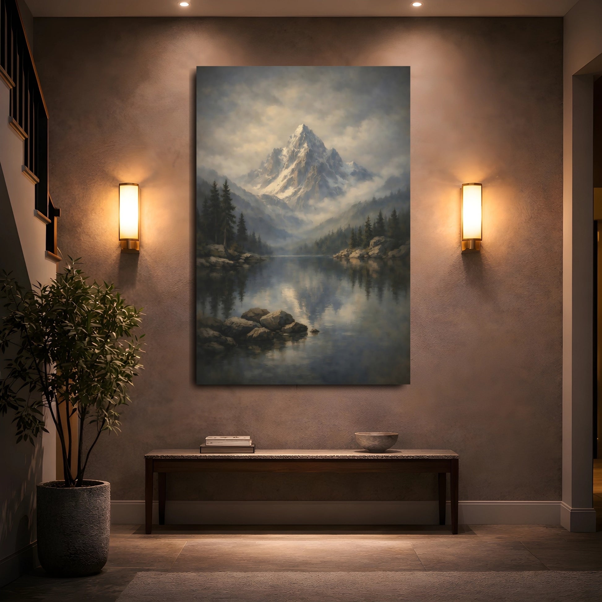 Mockup 4. Nature Mountain Lake Misty Mountain Lake shown as stretched canvas wall art