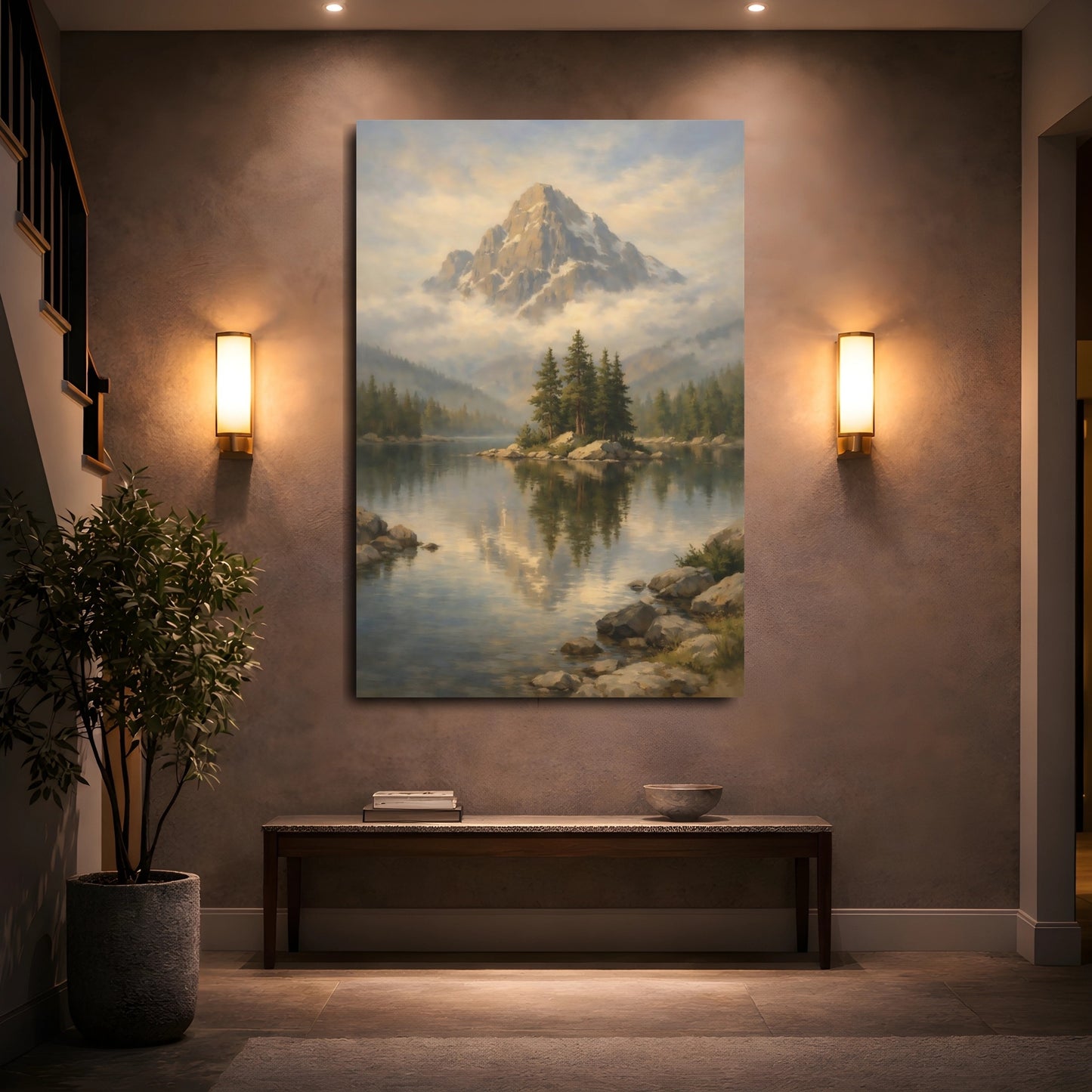 Mockup 4. Nature Mountain Lake Misty Mountain Lake shown as stretched canvas wall art