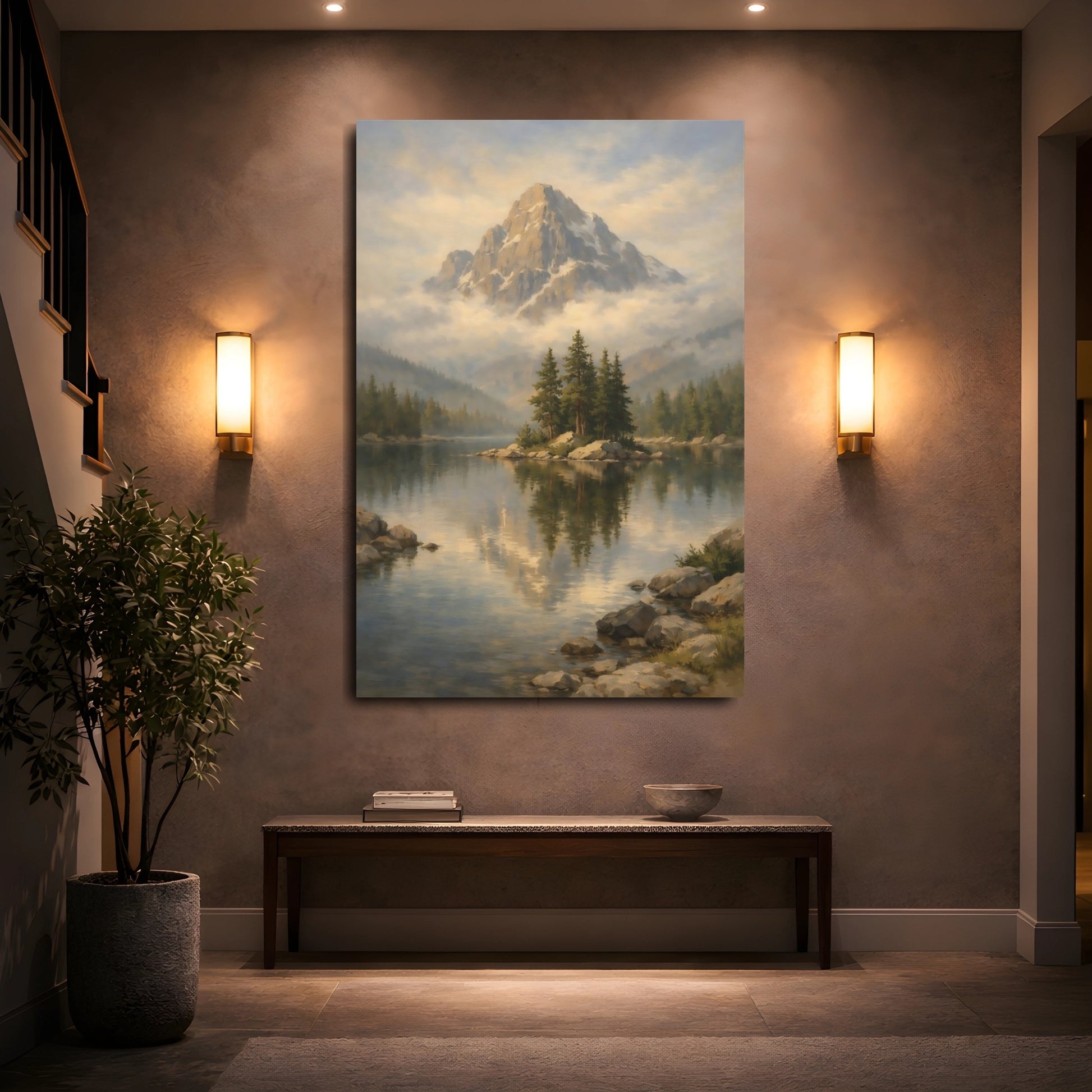 Mockup 4. Nature Mountain Lake Misty Mountain Lake shown as stretched canvas wall art