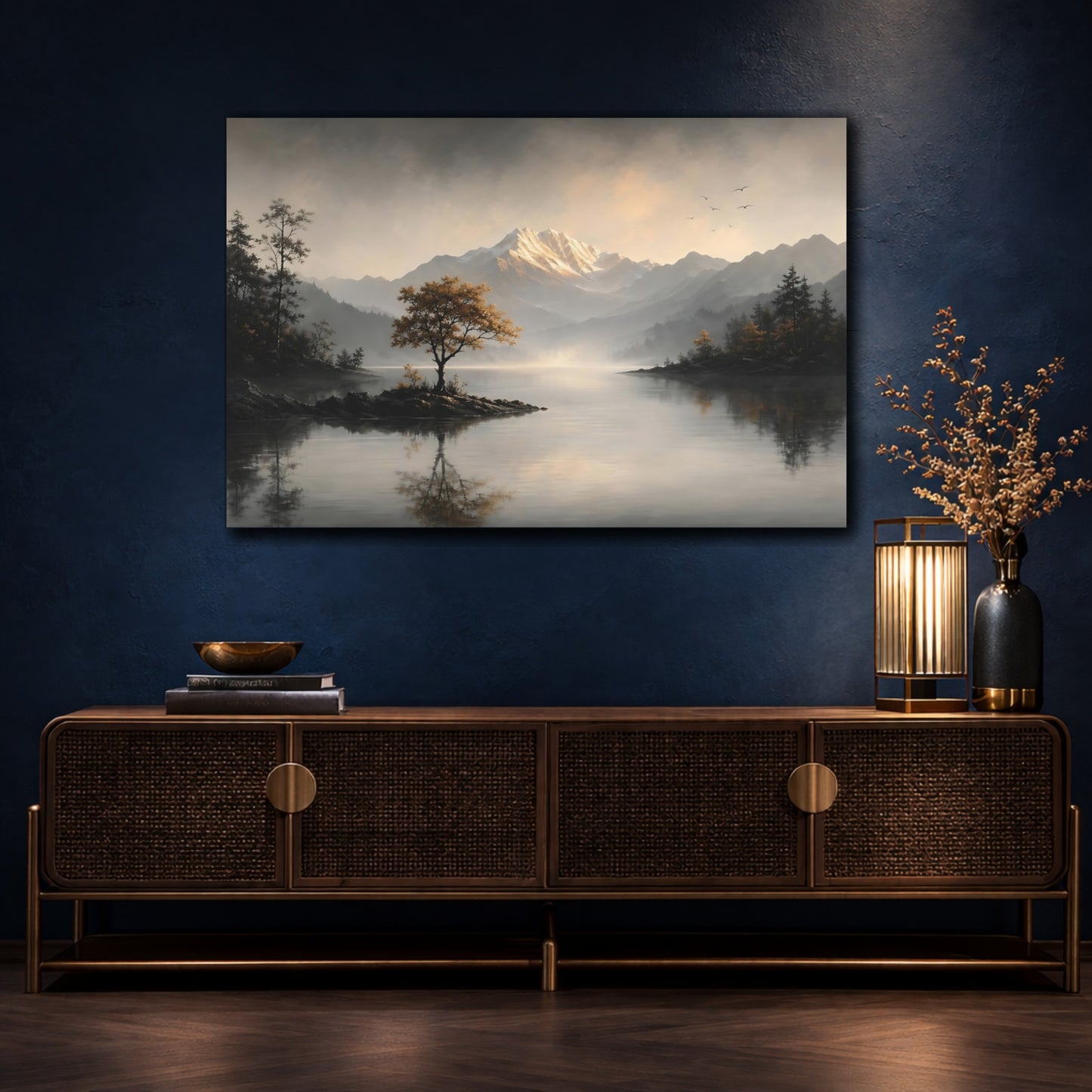 Mockup 4. Nature Mountain Lake Misty Mountain Lake shown as stretched canvas wall art
