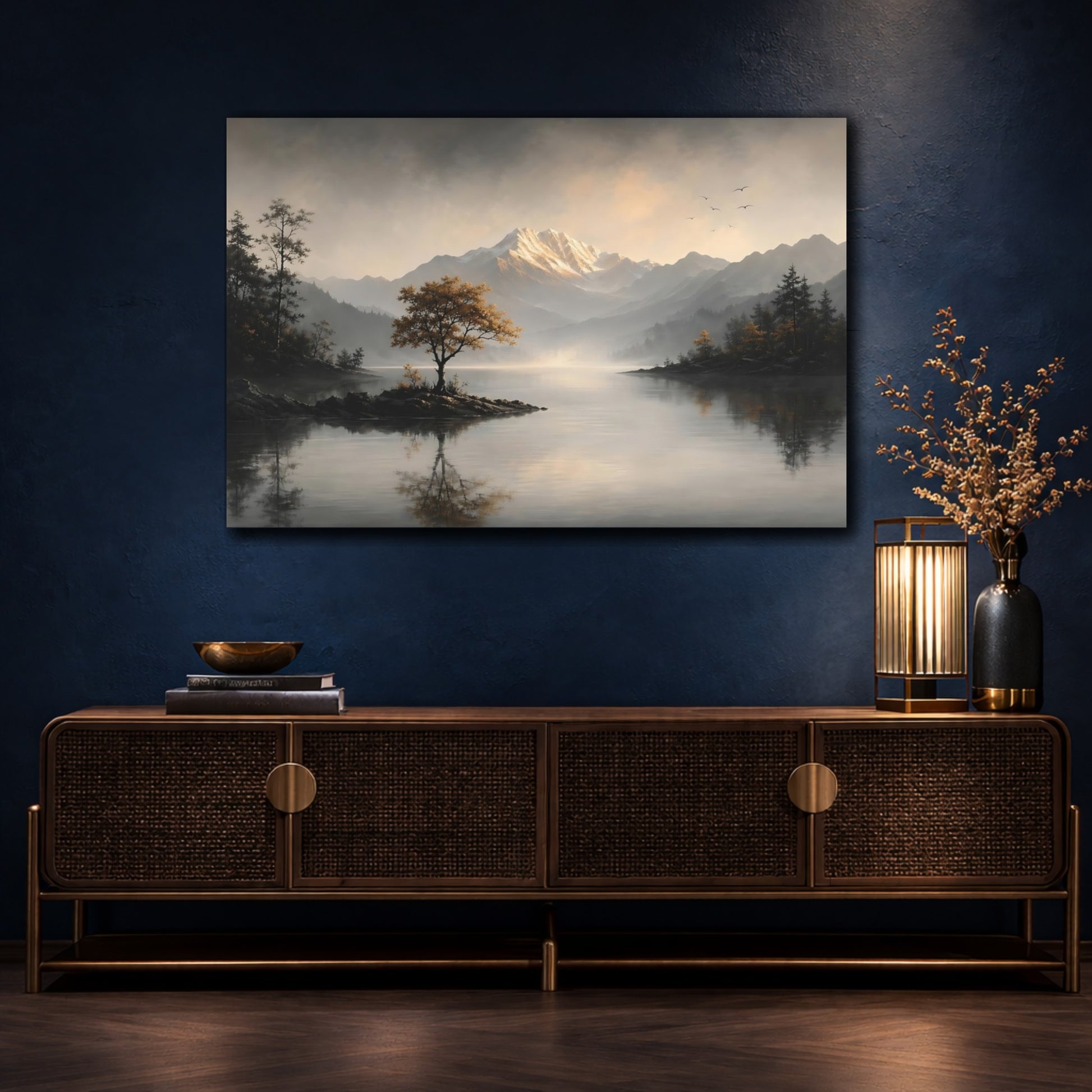 Mockup 4. Nature Mountain Lake Misty Mountain Lake shown as stretched canvas wall art