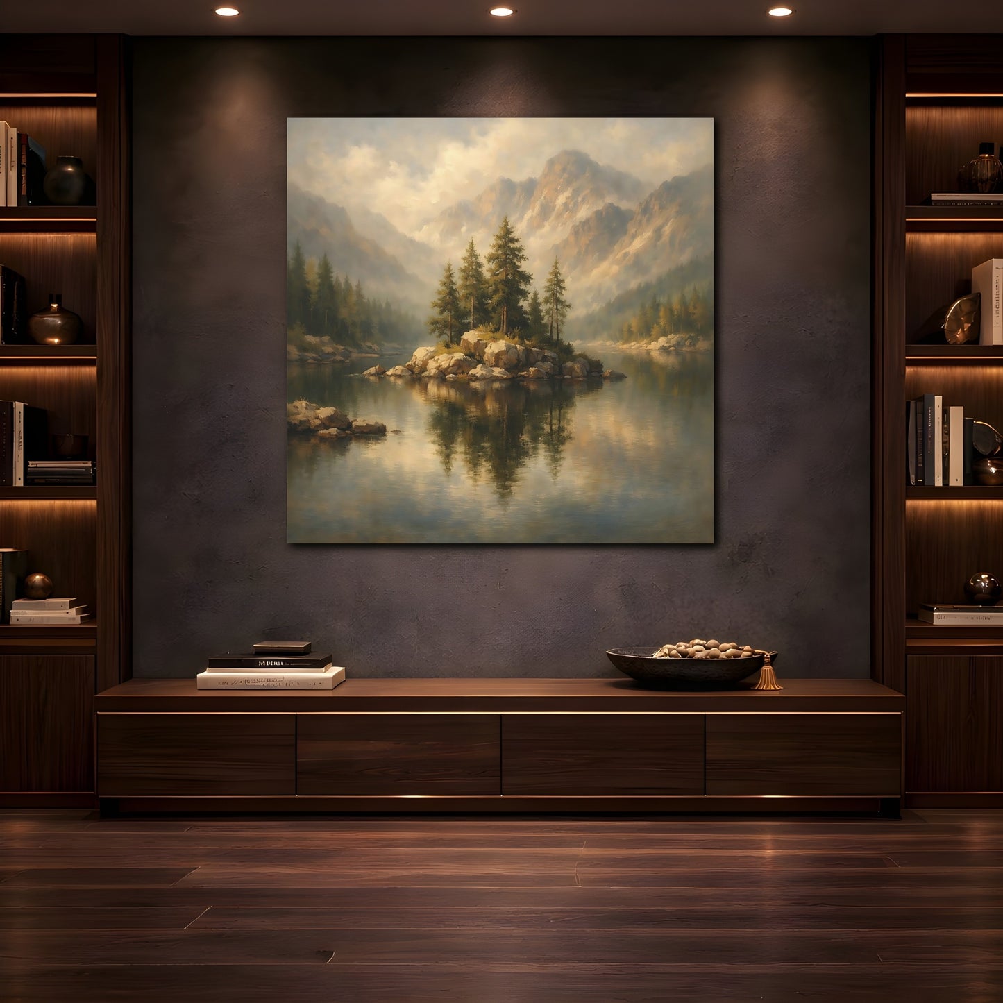 Mockup 4. Nature Mountain Lake Misty Mountain Lake shown as stretched canvas wall art