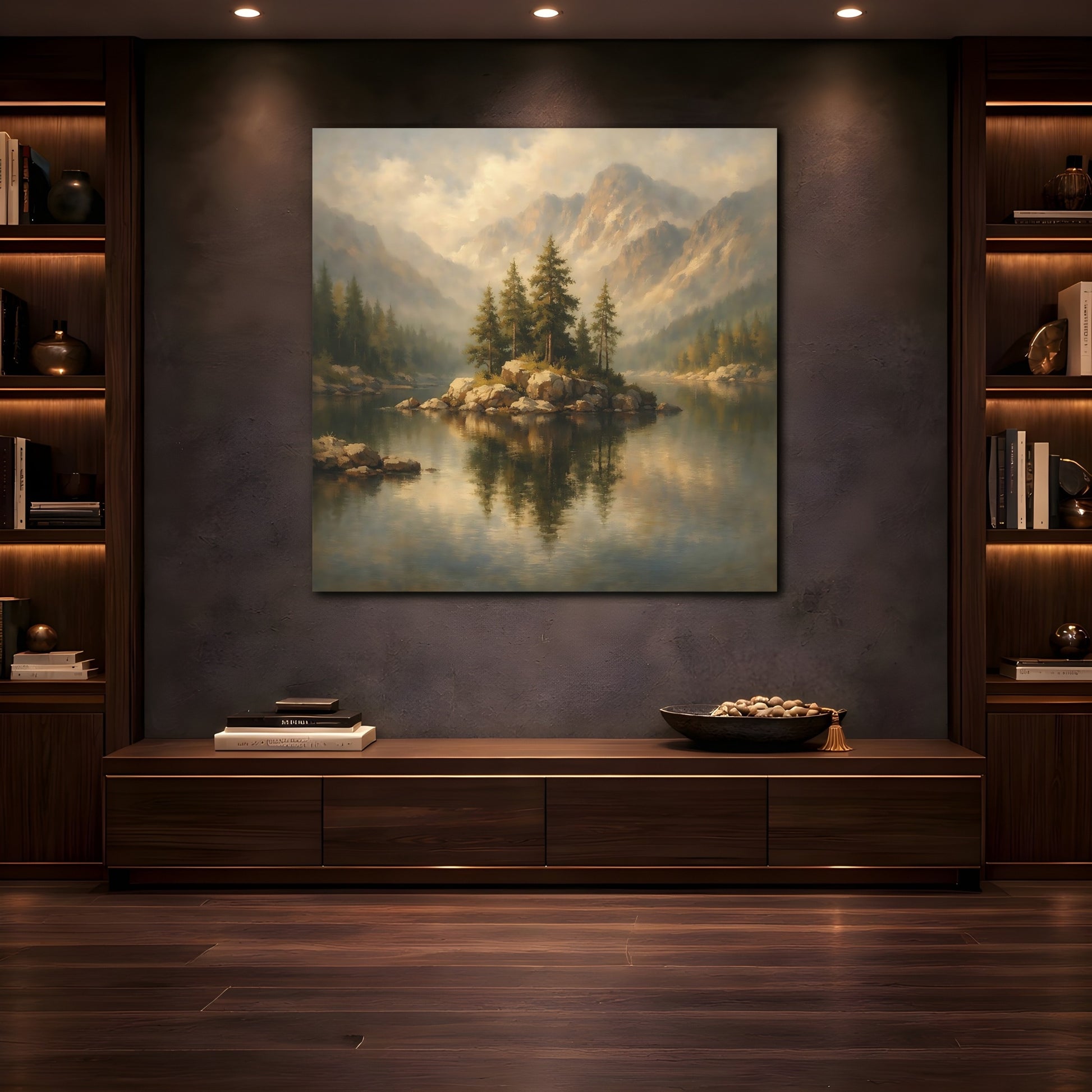 Mockup 4. Nature Mountain Lake Misty Mountain Lake shown as stretched canvas wall art