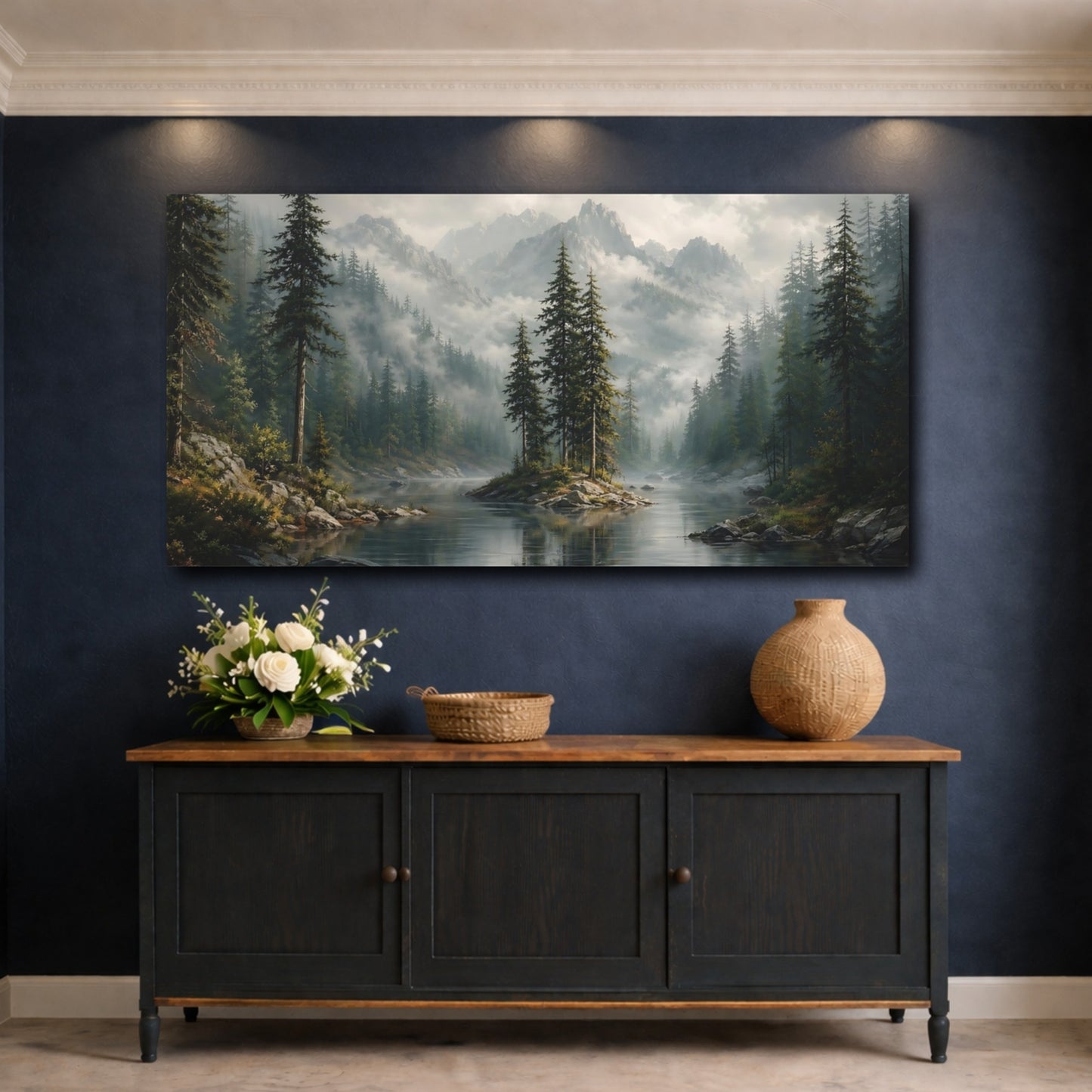 Mockup 4. Nature Mountain Lake Misty Mountain Lake shown as stretched canvas wall art