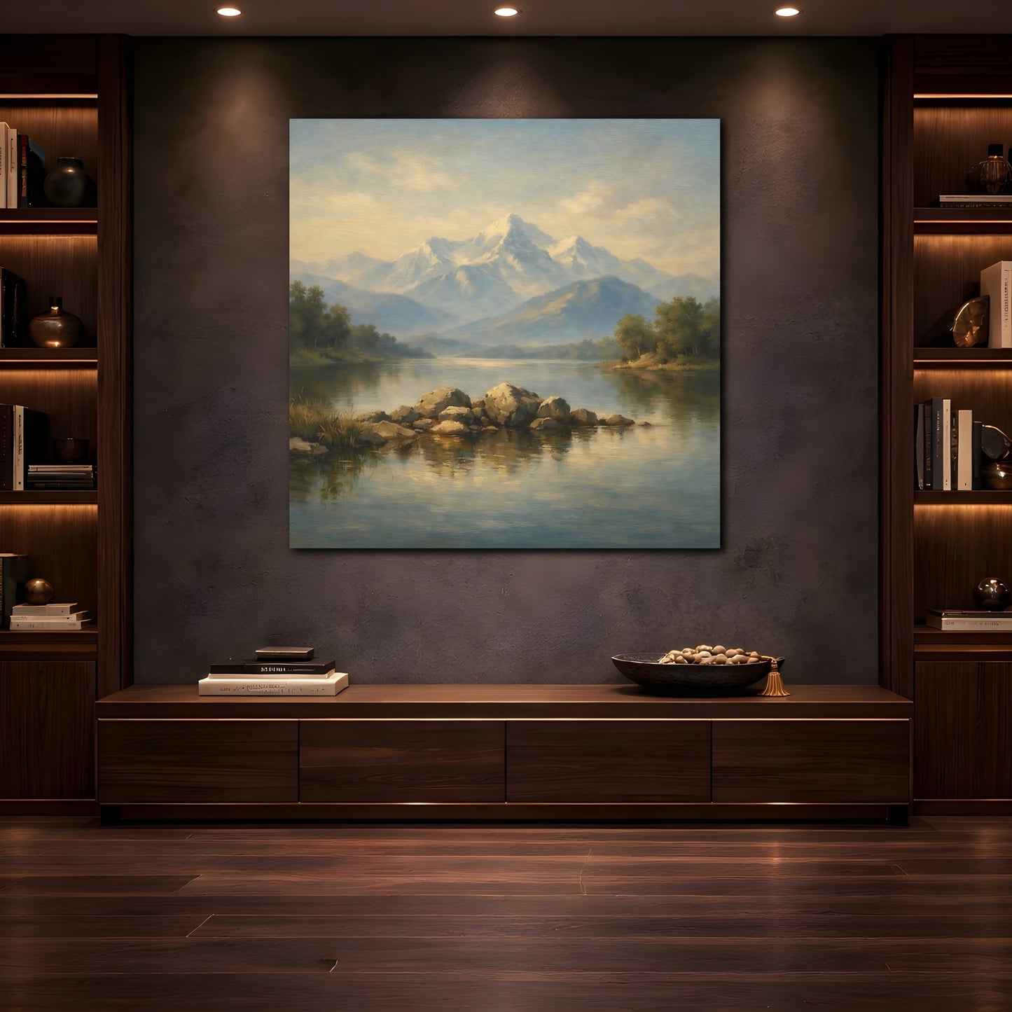 Mockup 4. Nature Mountain Lake Misty Mountain Lake shown as stretched canvas wall art