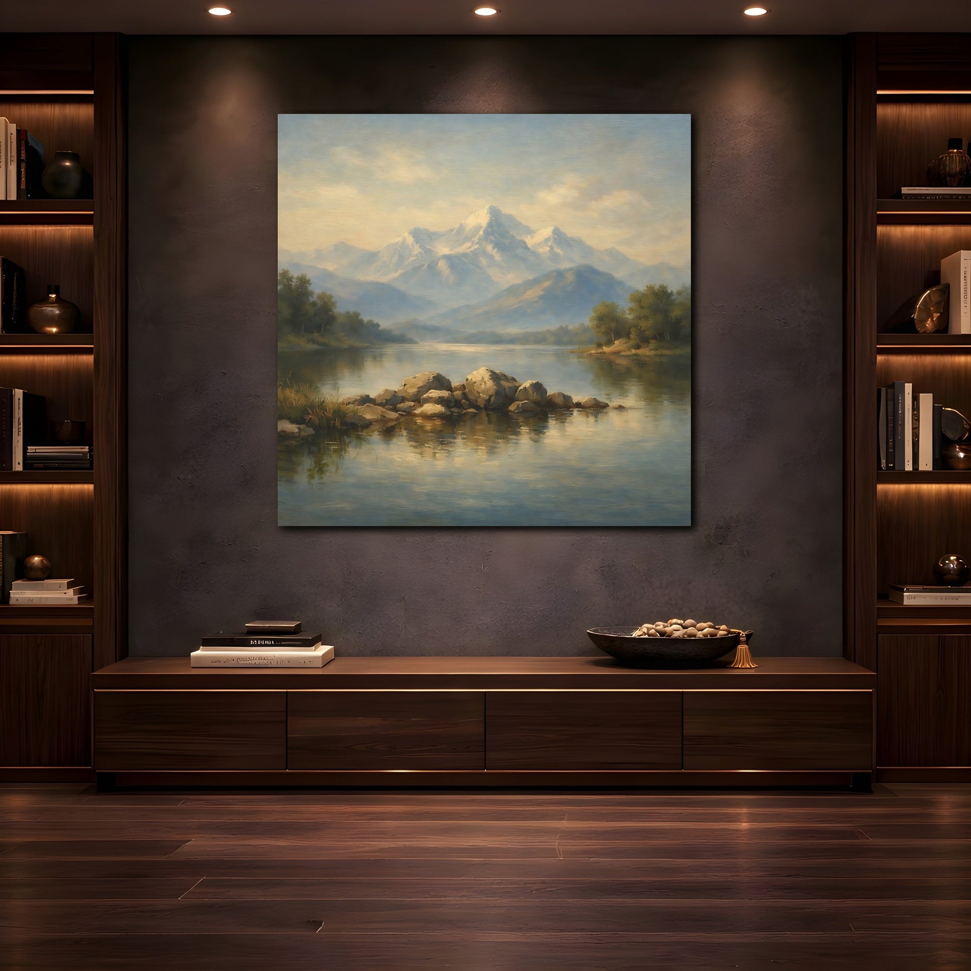Mockup 4. Nature Mountain Lake Misty Mountain Lake shown as stretched canvas wall art