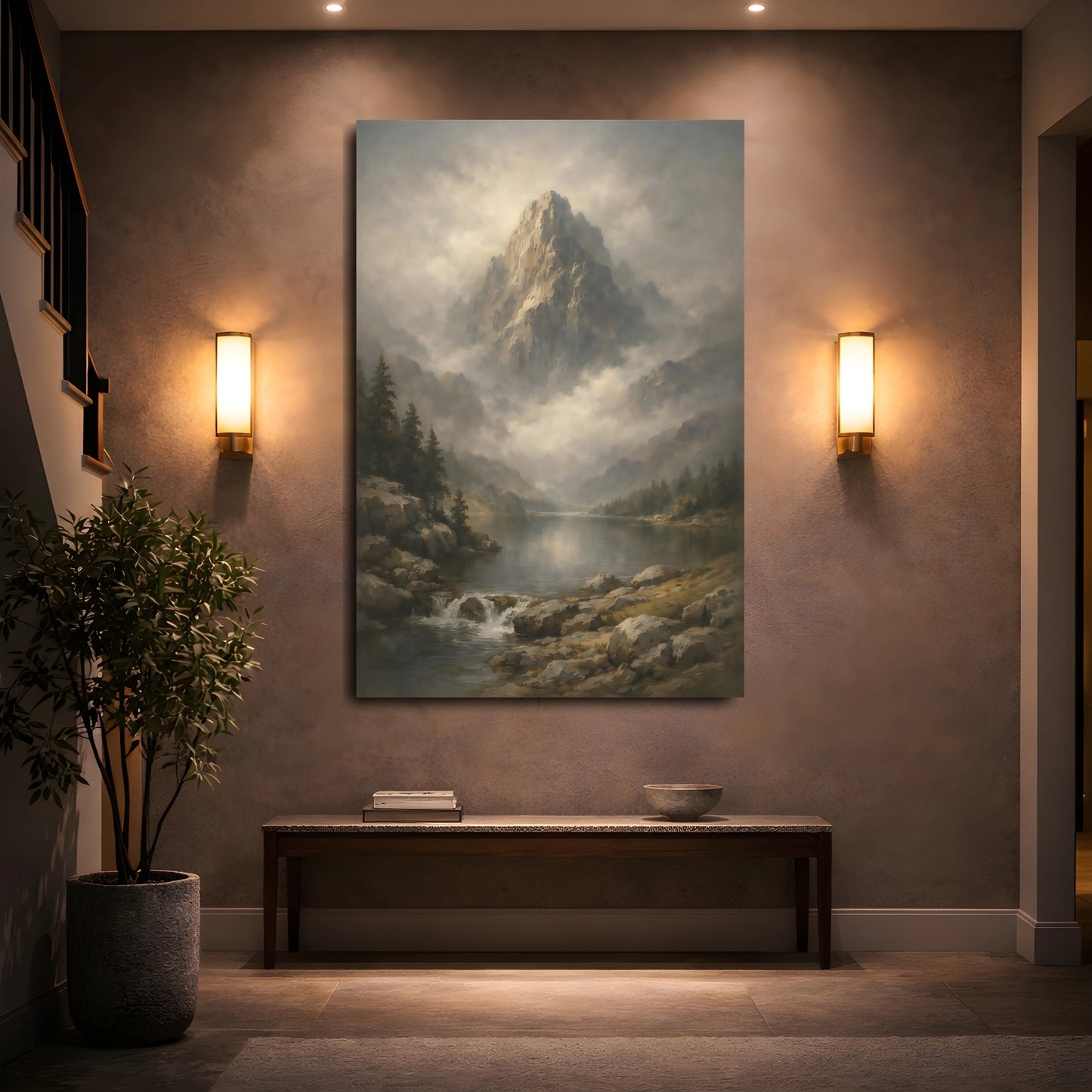 Mockup 4. Nature Mountain Lake Misty Mountain Lake shown as stretched canvas wall art