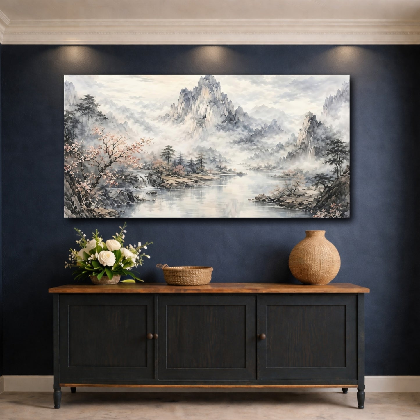 Mockup 4. Nature Mountain Lake Misty Mountain Lake shown as stretched canvas wall art