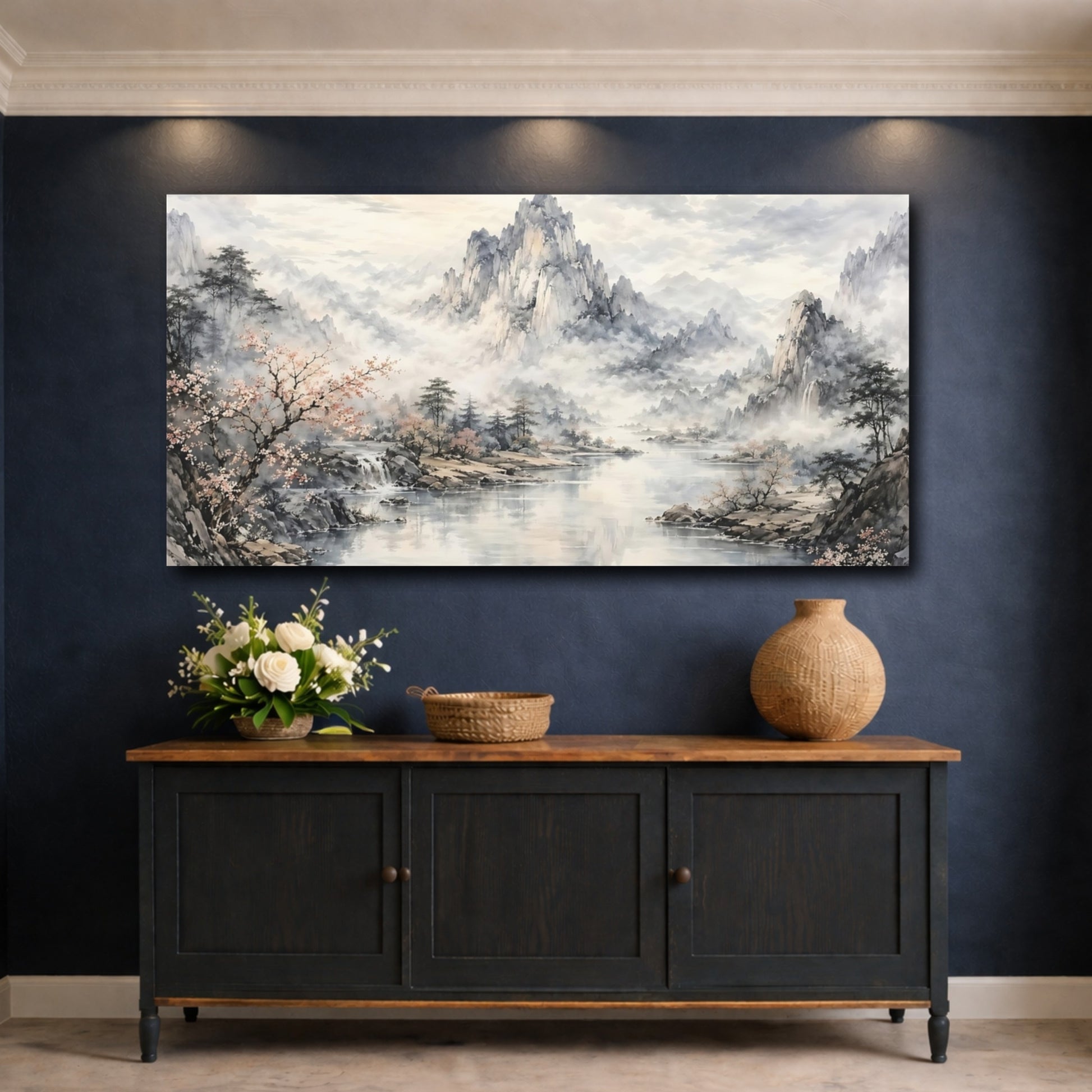 Mockup 4. Nature Mountain Lake Misty Mountain Lake shown as stretched canvas wall art