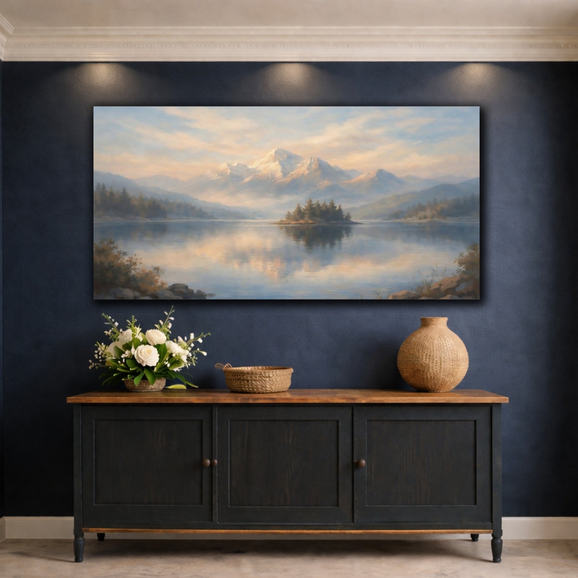Mockup 4. Nature Mountain Lake Misty Mountain Lake shown as stretched canvas wall art