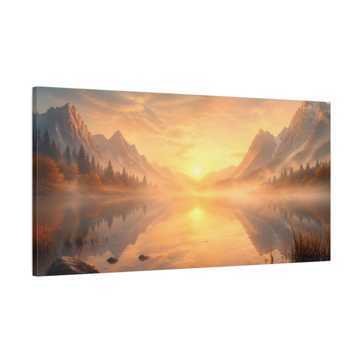 Main Mockup. Nature Mountain Lake Misty Mountain Sunset shown as stretched canvas wall art