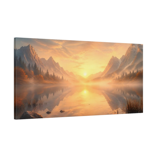 Main Mockup. Nature Mountain Lake Misty Mountain Sunset shown as stretched canvas wall art