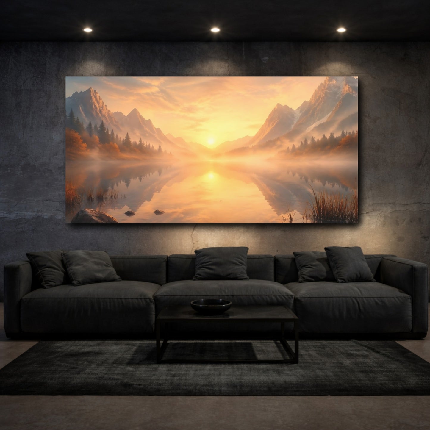 Mockup 2. Nature Mountain Lake Misty Mountain Sunset shown as stretched canvas wall art