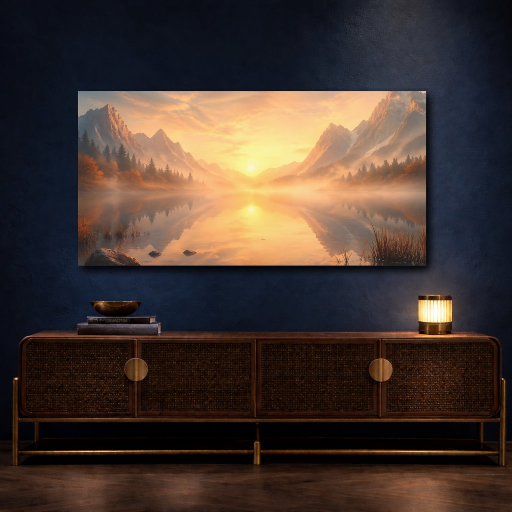Mockup 3. Nature Mountain Lake Misty Mountain Sunset shown as stretched canvas wall art