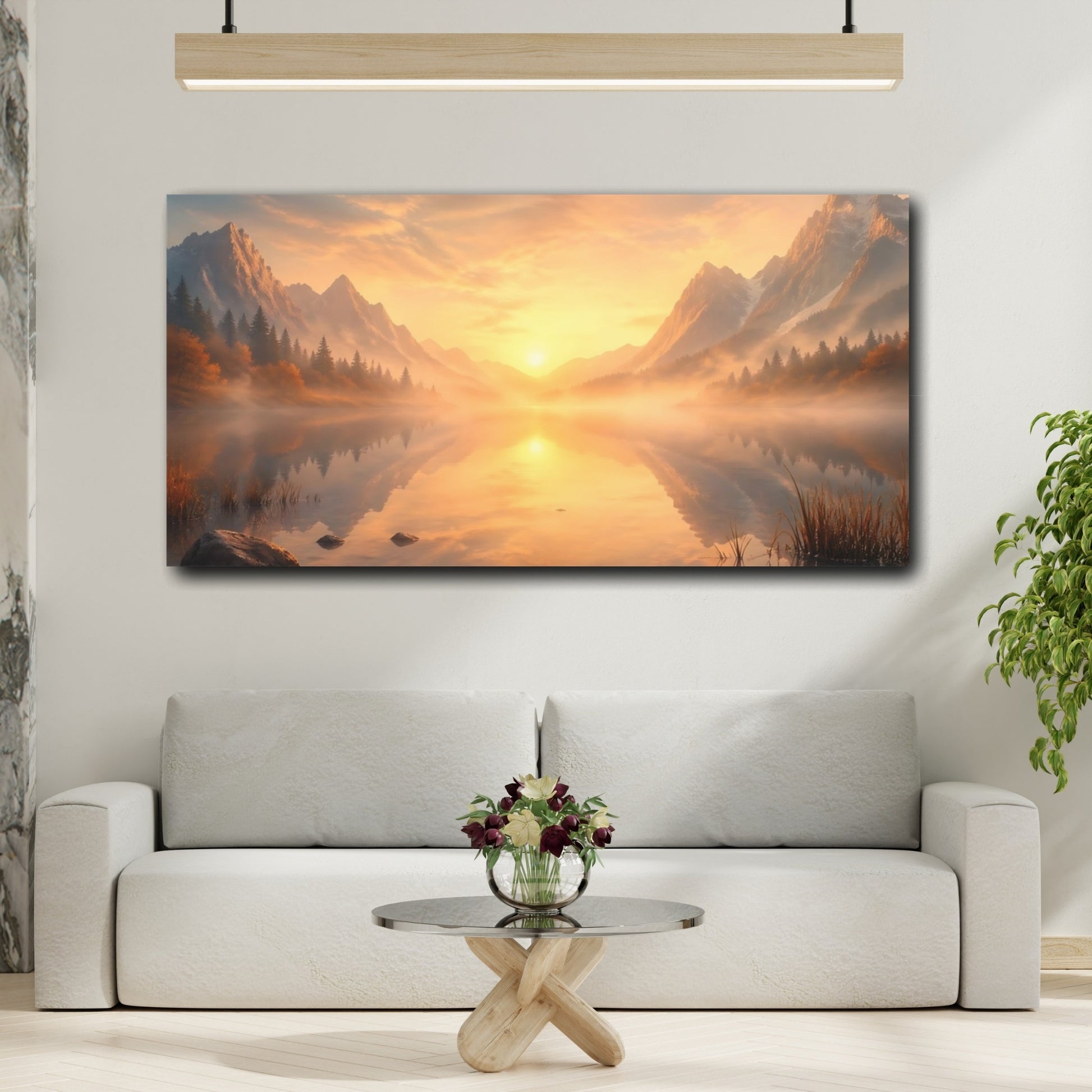 Mockup 4. Nature Mountain Lake Misty Mountain Sunset shown as stretched canvas wall art