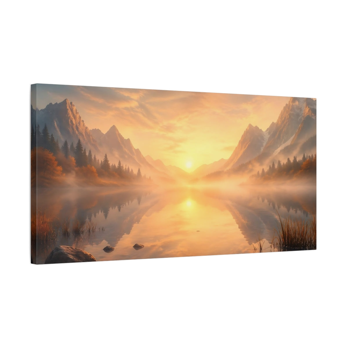 Side Mockup 1. Nature Mountain Lake Misty Mountain Sunset shown as stretched canvas wall art