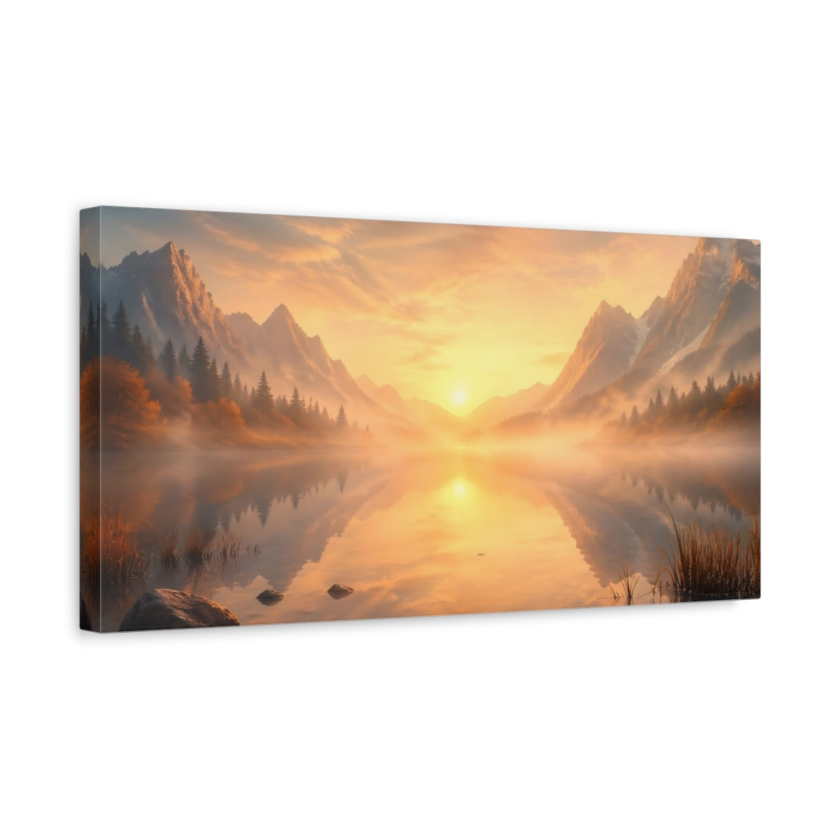 Side Mockup 3. Nature Mountain Lake Misty Mountain Sunset shown as stretched canvas wall art