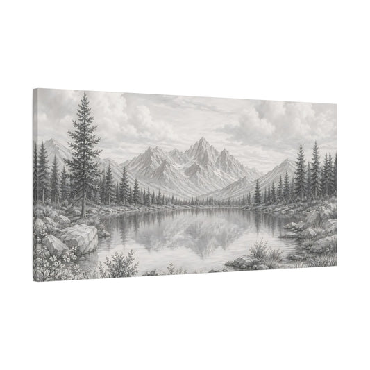 Main Mockup. Nature Mountain Lake Monochrome Landscape shown as stretched canvas wall art