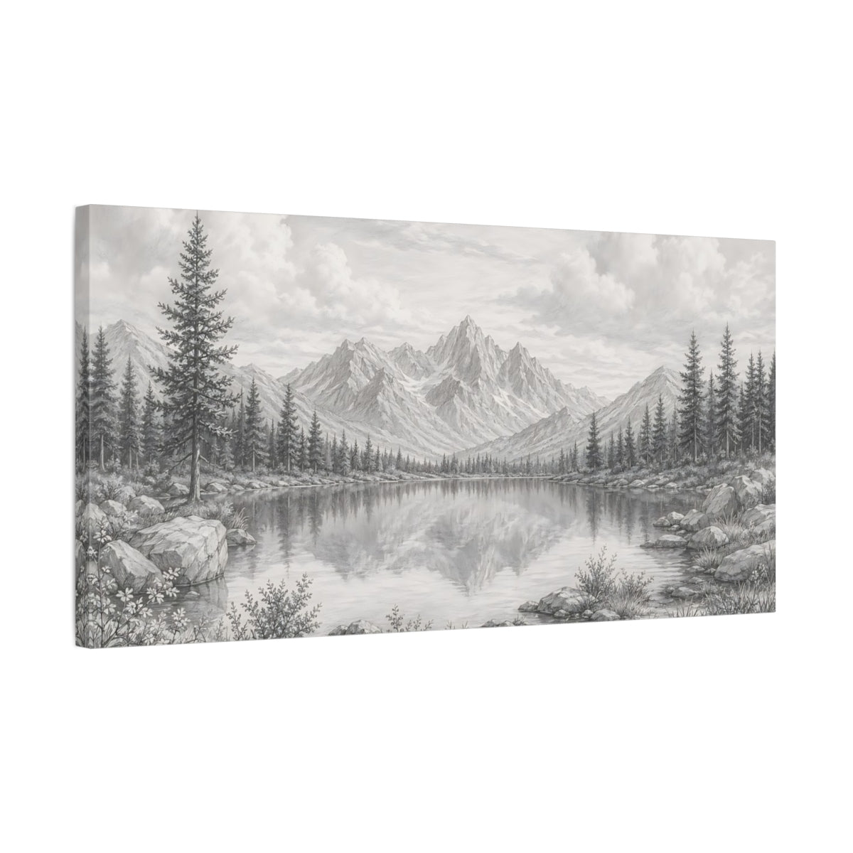 Side Mockup 1. Nature Mountain Lake Monochrome Landscape shown as stretched canvas wall art