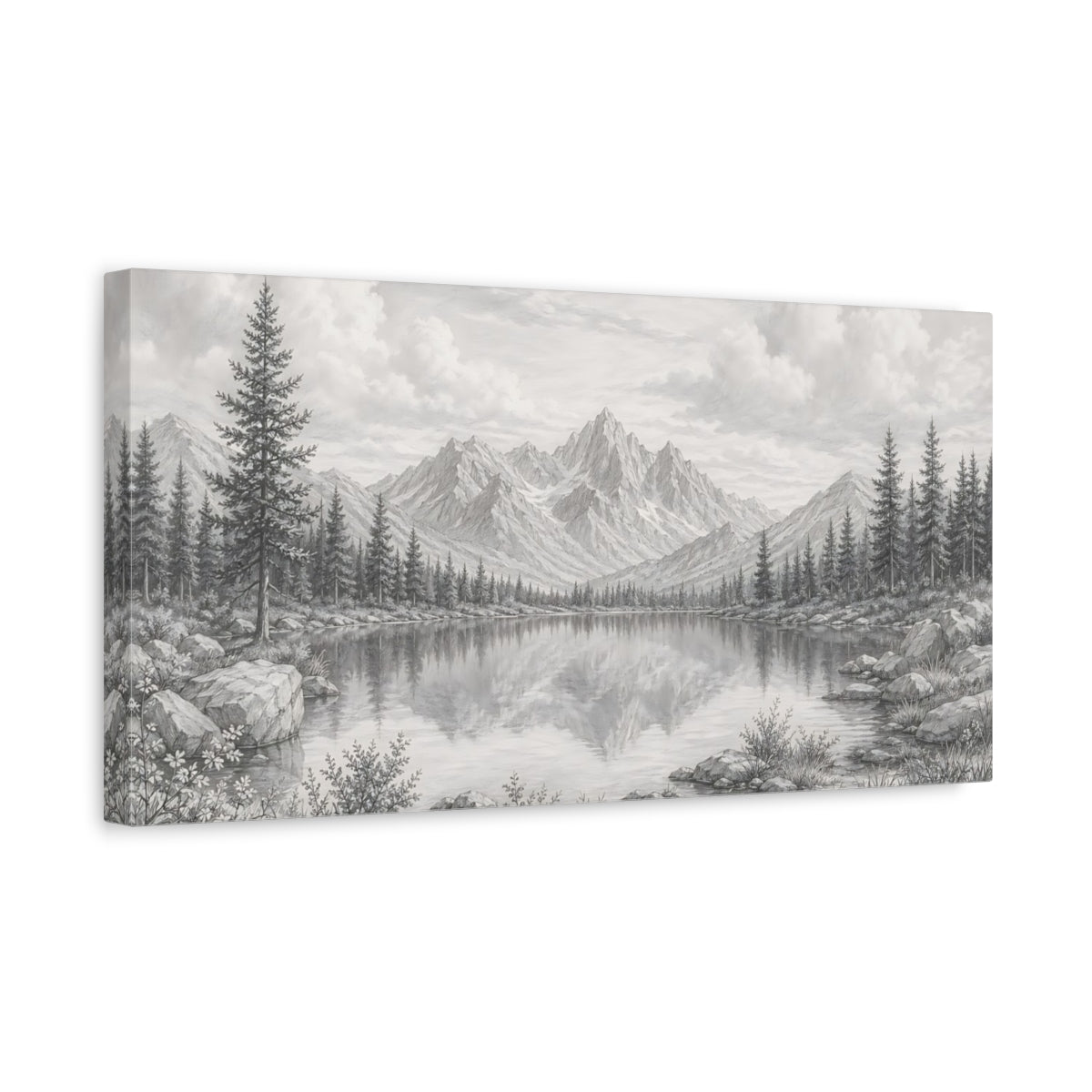 Side Mockup 3. Nature Mountain Lake Monochrome Landscape shown as stretched canvas wall art