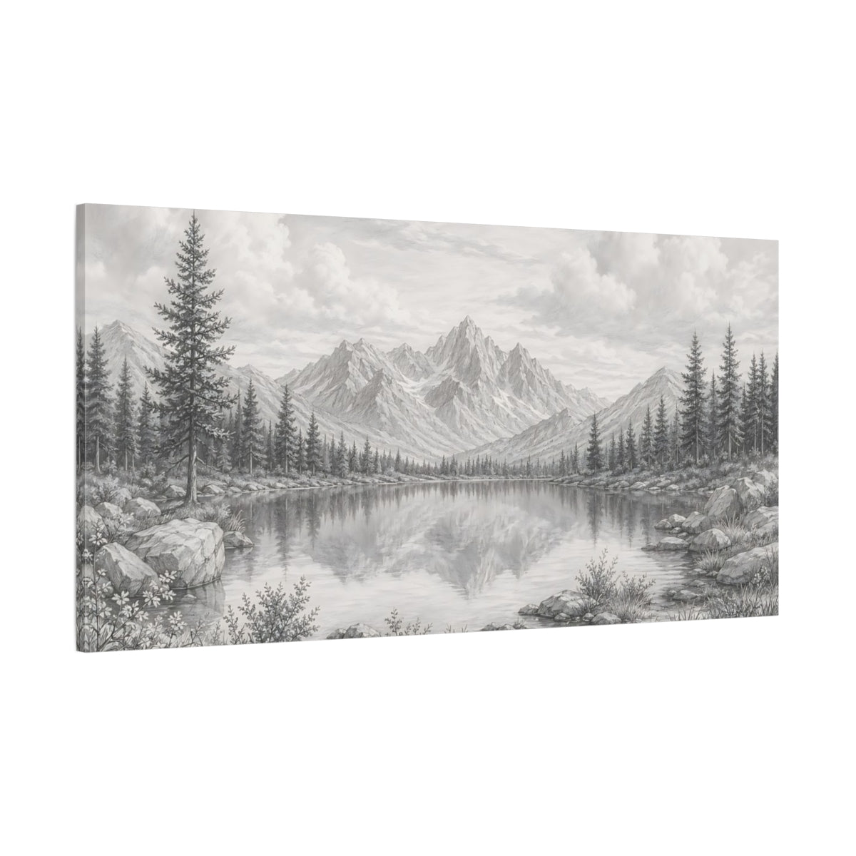 Side Mockup 2. Nature Mountain Lake Monochrome Landscape shown as stretched canvas wall art