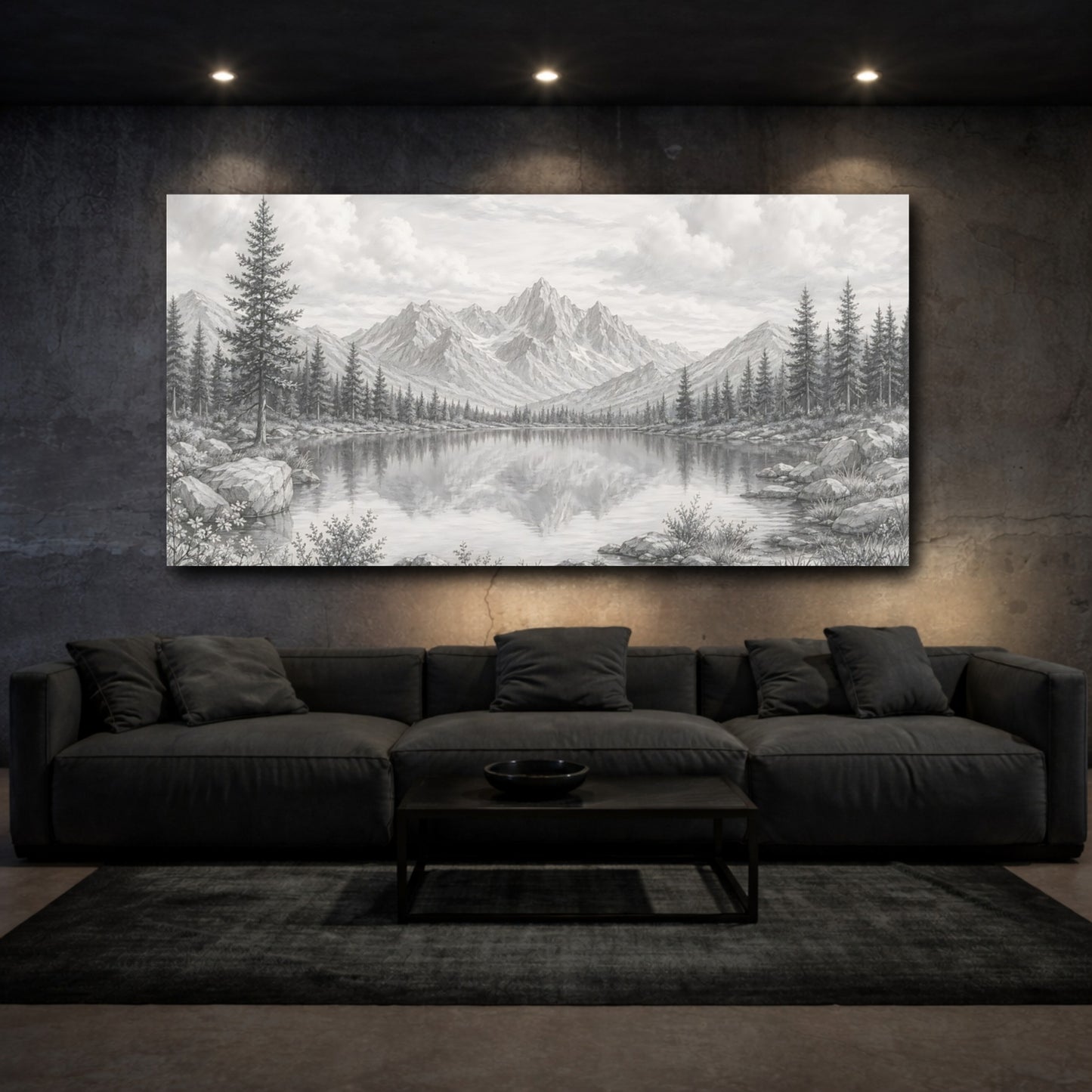 Mockup 2. Nature Mountain Lake Monochrome Landscape shown as stretched canvas wall art