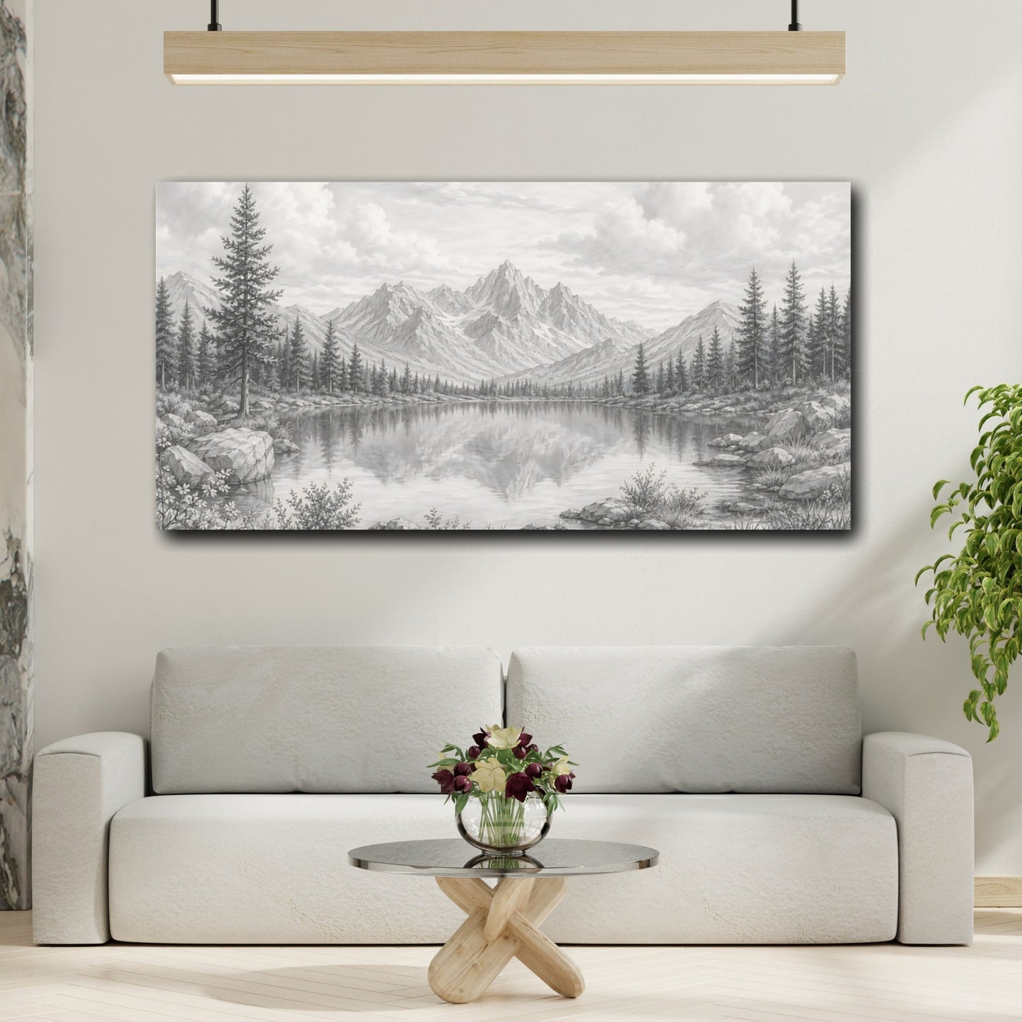 Mockup 3. Nature Mountain Lake Monochrome Landscape shown as stretched canvas wall art