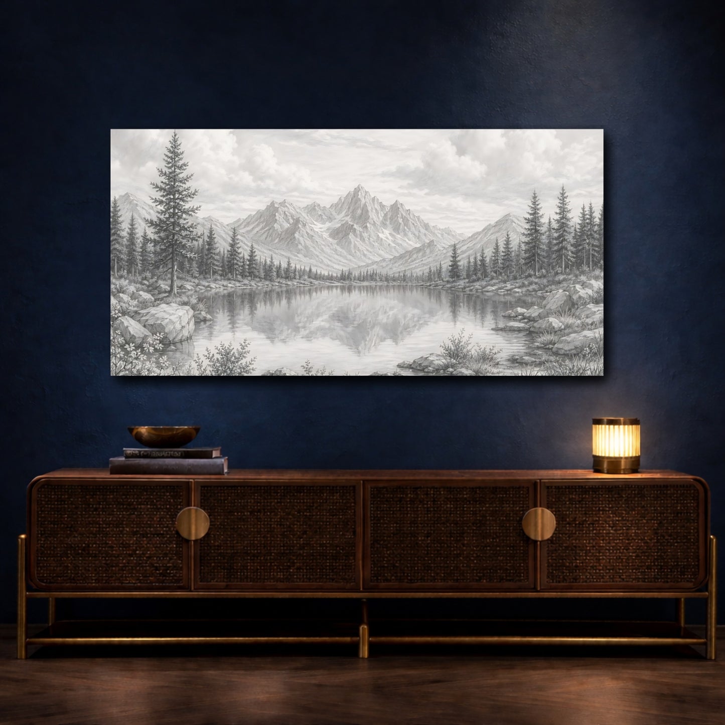 Mockup 4. Nature Mountain Lake Monochrome Landscape shown as stretched canvas wall art
