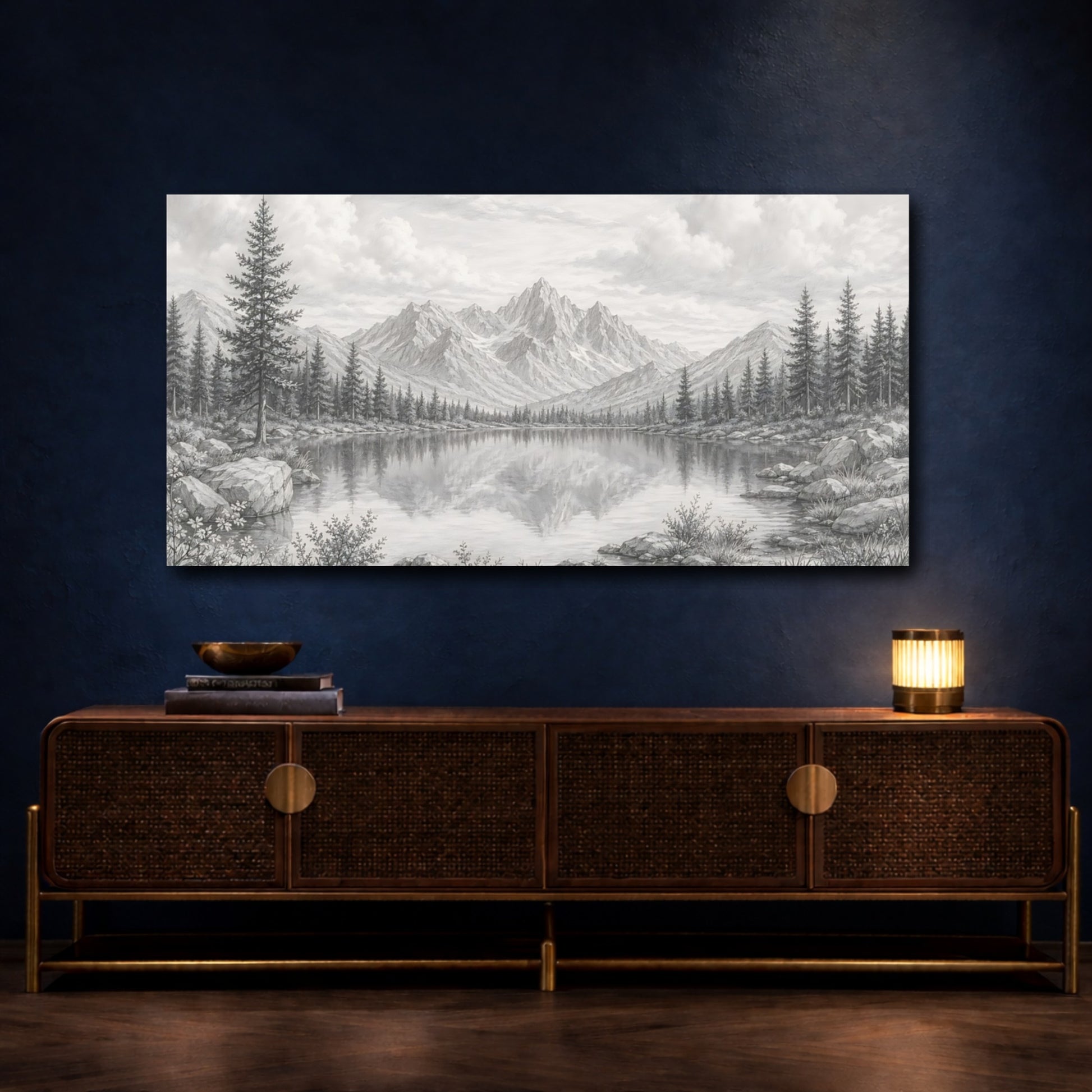 Mockup 4. Nature Mountain Lake Monochrome Landscape shown as stretched canvas wall art