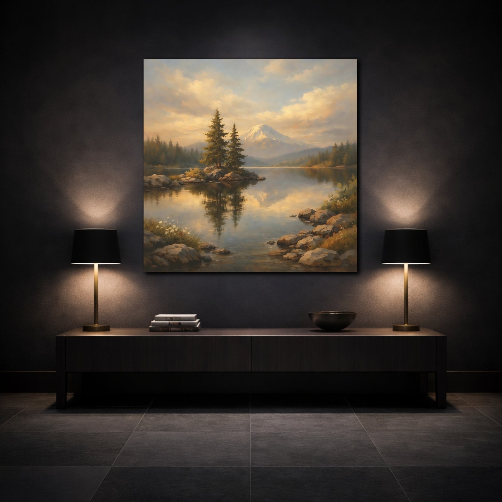 Mockup 3. Nature Mountain Lake Mountain Lake Art shown as stretched canvas wall art