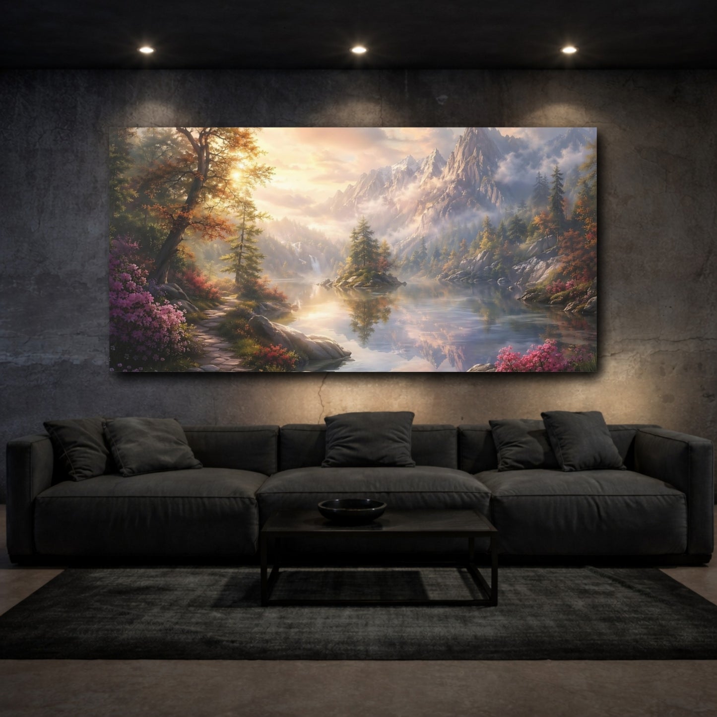 Mockup 2. Nature Mountain Lake Mountain Lake Autumn shown as stretched canvas wall art