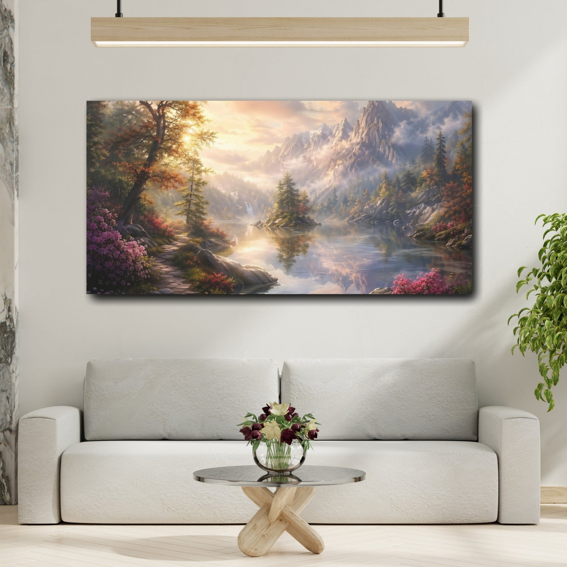 Mockup 3. Nature Mountain Lake Mountain Lake Autumn shown as stretched canvas wall art