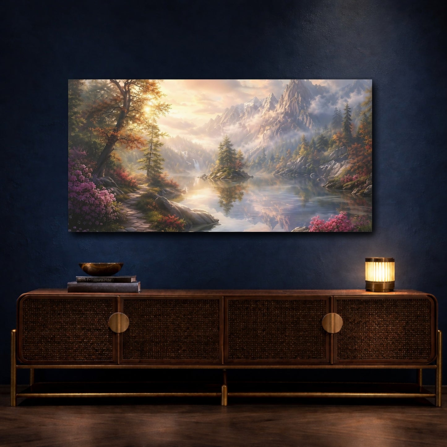 Mockup 4. Nature Mountain Lake Mountain Lake Autumn shown as stretched canvas wall art