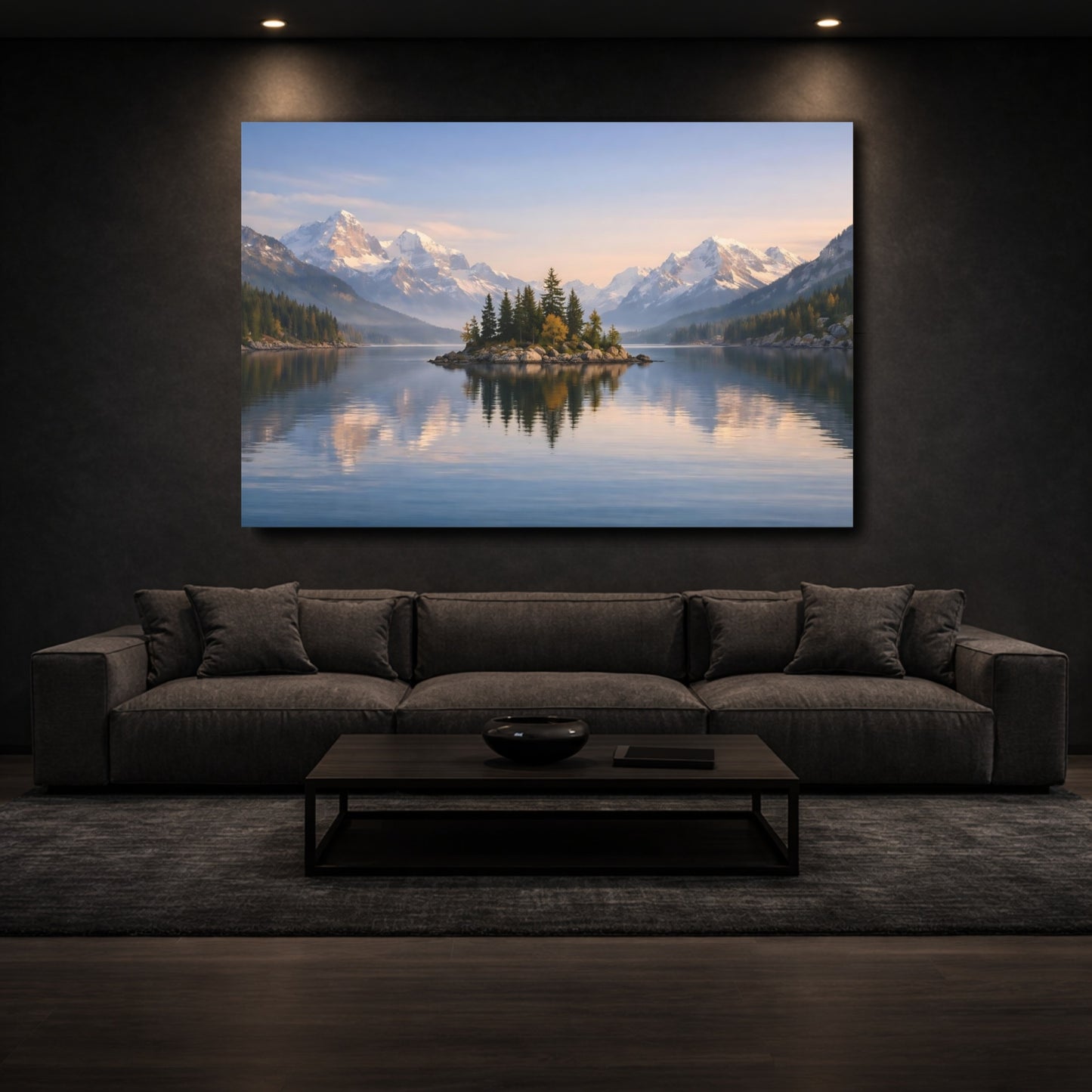 Mockup 2. Nature Mountain Lake Mountain Lake Blue shown as stretched canvas wall art