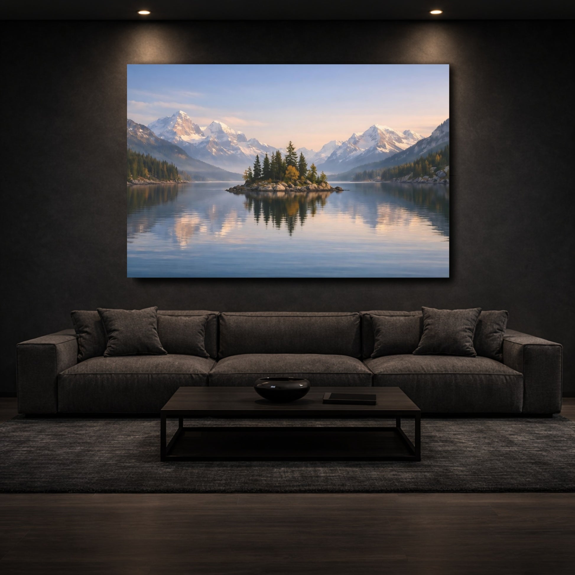 Mockup 2. Nature Mountain Lake Mountain Lake Blue shown as stretched canvas wall art