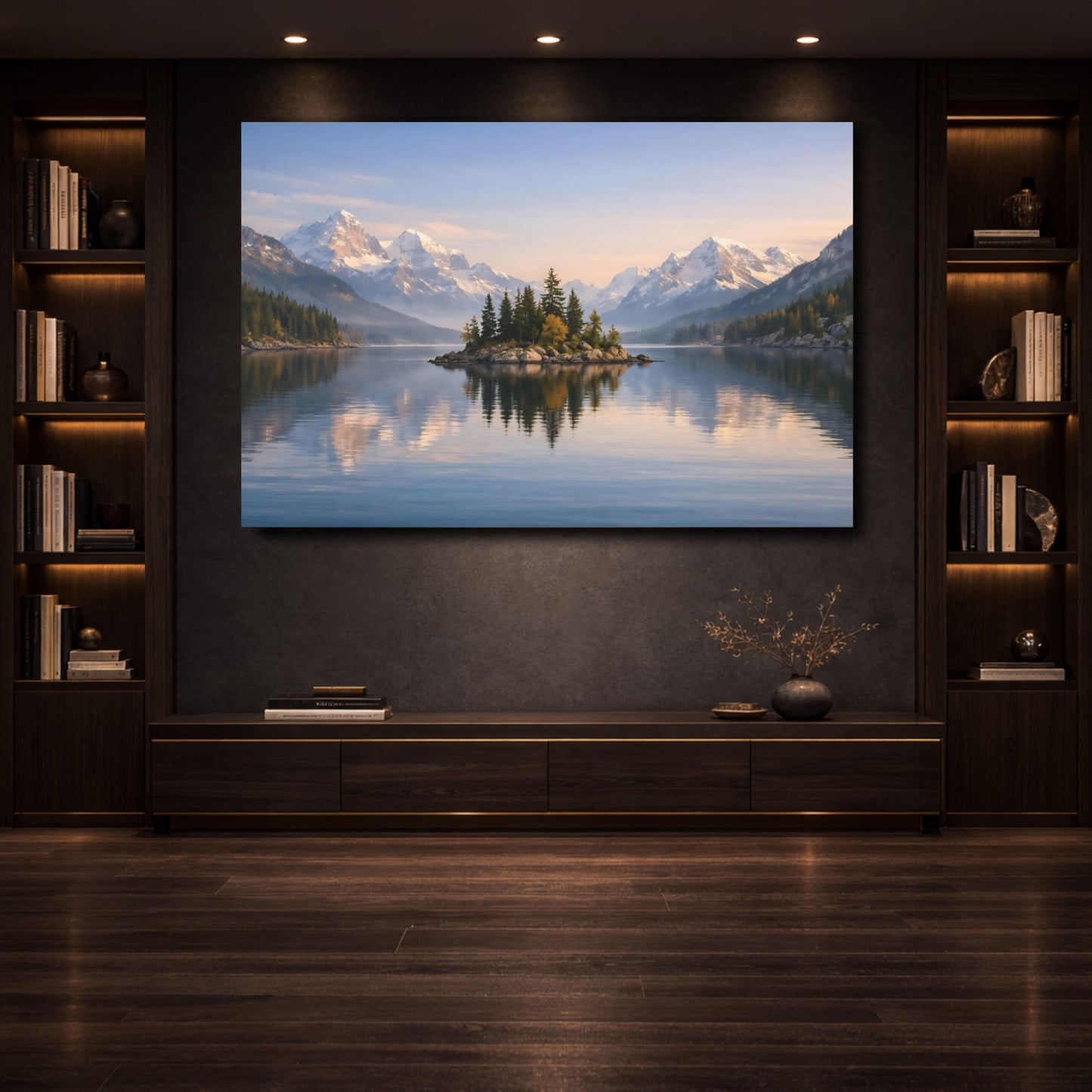 Mockup 3. Nature Mountain Lake Mountain Lake Blue shown as stretched canvas wall art